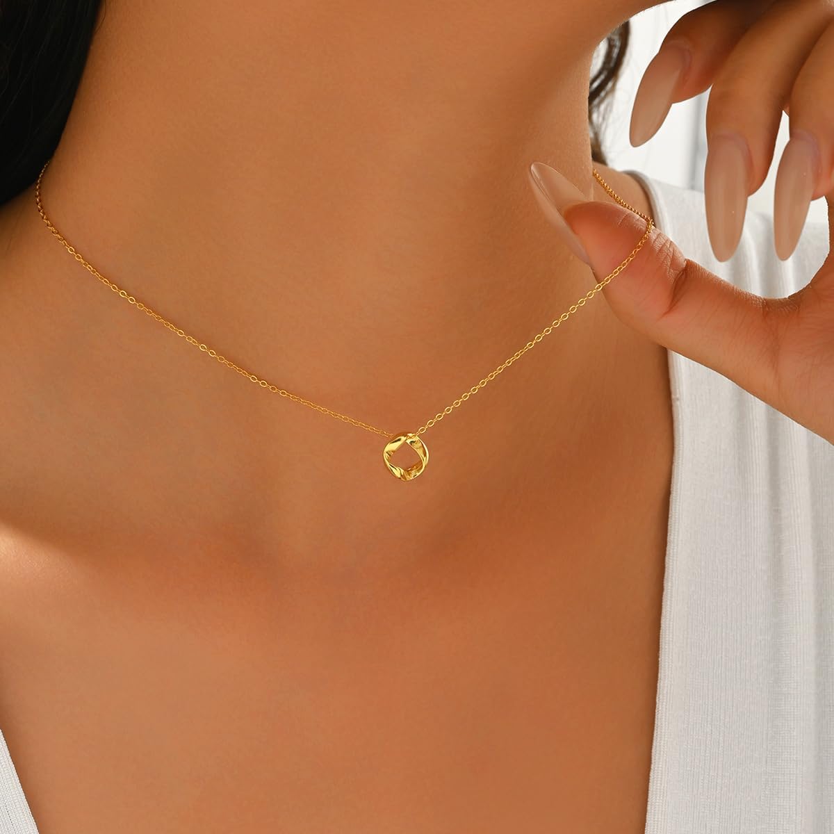 Dainty Gold Necklaces for Women 14K Gold Plated 925 Sterling Silver Simple Charm Handmade Circle Pendant Choker Necklace for Women Dainty Eternity Infinite Loop Karma Golden Chain Necklace Mother's Day Jewelry Gift for Her Mom Daughter Girlfriend Sister