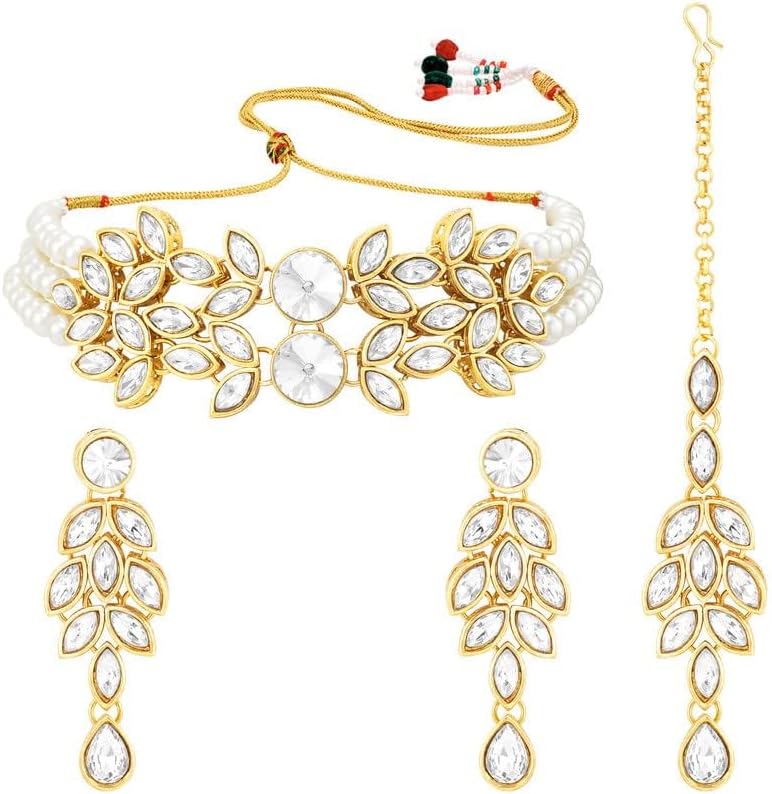 Aheli Bridal Crystal Pearl Choker Necklace with Drop Earrings Indian Traditional Bollywood Jewelry Set Gift for Women - Image 2