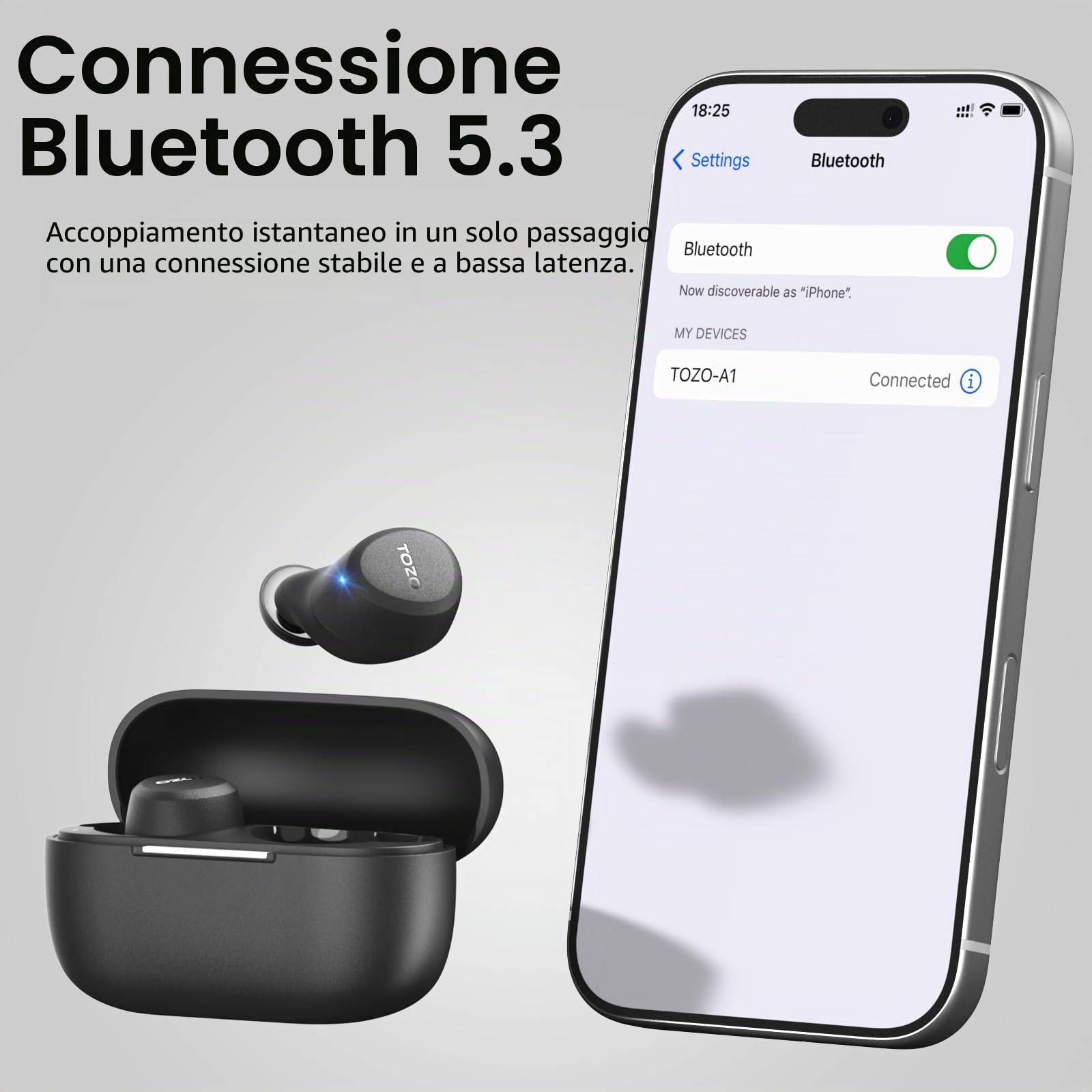 TOZO A1 Cuffie Bluetooth 5.3 con ORIGX Acustica 32 Ore Riproduzione EQ Regolazione Ultraleggero USB Tipo C IPX5 Nero
