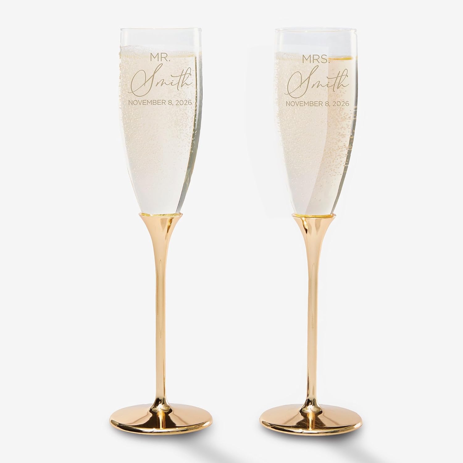Personalization Universe Personalized Elegant Couple Gold Wedding Flute Set - Customizable Champagne Glasses with Etched Titles, Names & Date for Bride and Groom - 6.5oz, Gift Box Included