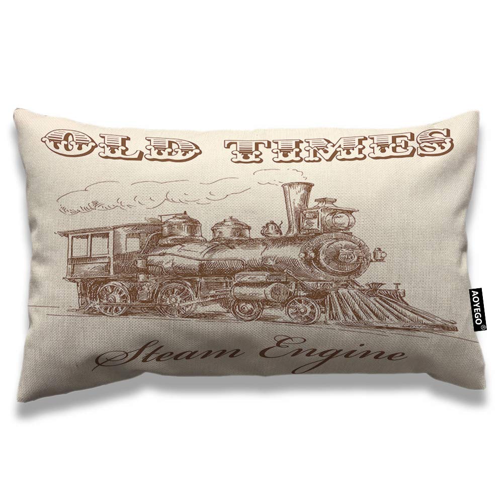 AOYEGO Steam Engine Throw Pillow Cover 12x20 Inch Old Times Train Vintage Iron Industrial Era Locomotive Rectangle Pillow Cases Home Decorative Cotton