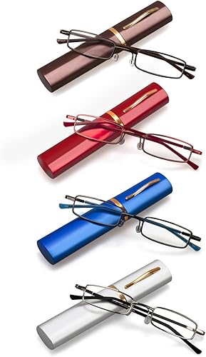 Miniatura 9 de Gafas de lectura pequeñas para hombres y mujeres, 3 pares de lectores de bolsillo delgado con clip para bolígrafo, caja de metal, bisagra de resorte