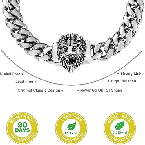 Miniatura 10 de WW Lifetime Cadena de eslabones cubanos para hombre gargantilla de león collar de plata de 180in 200in y pulsera de 85in 0551in de acero inoxidable