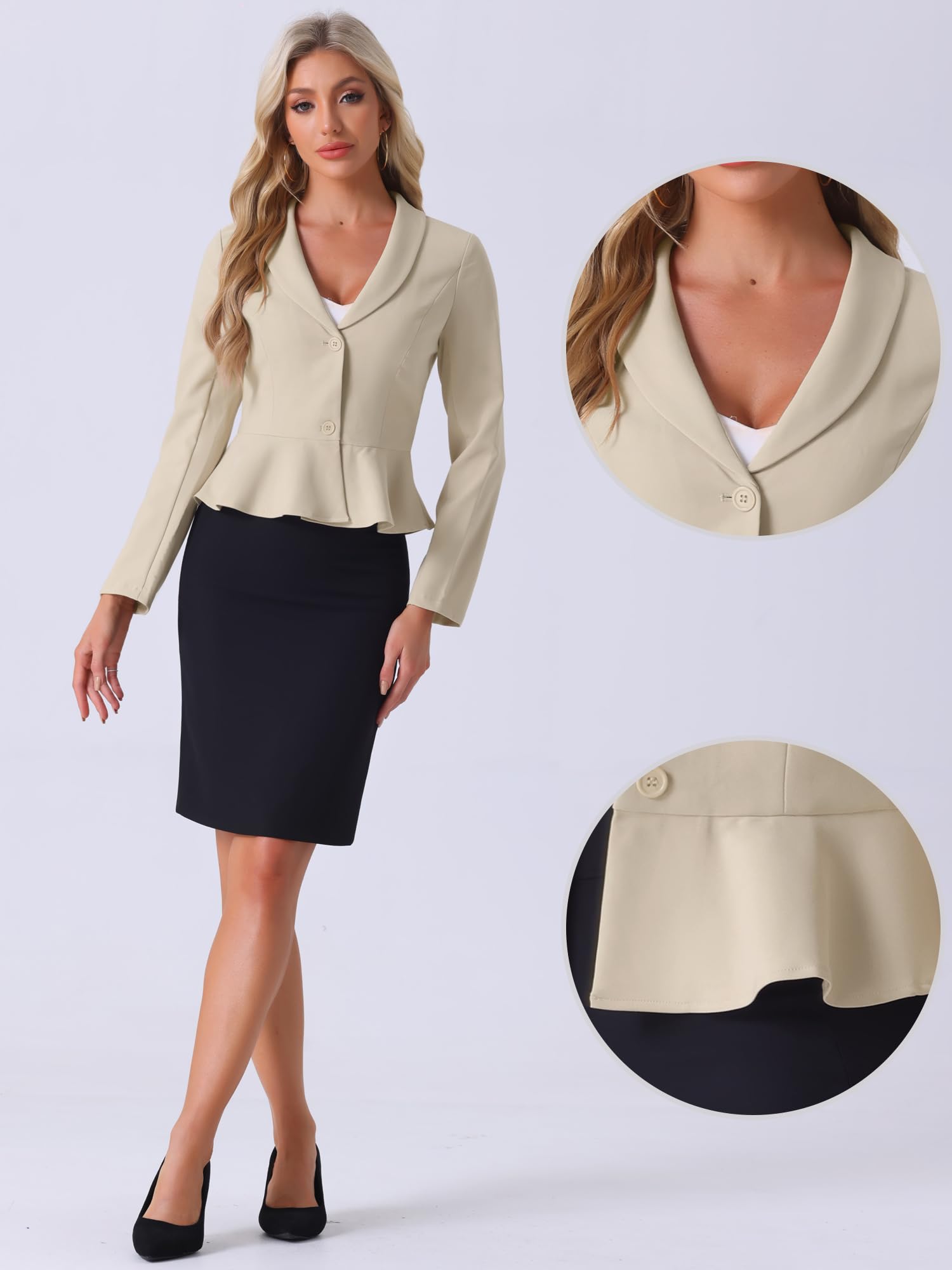 Allegra K Blazer court pour femme, col à revers, manches longues, volants, style péplum, veste de costume de bureau