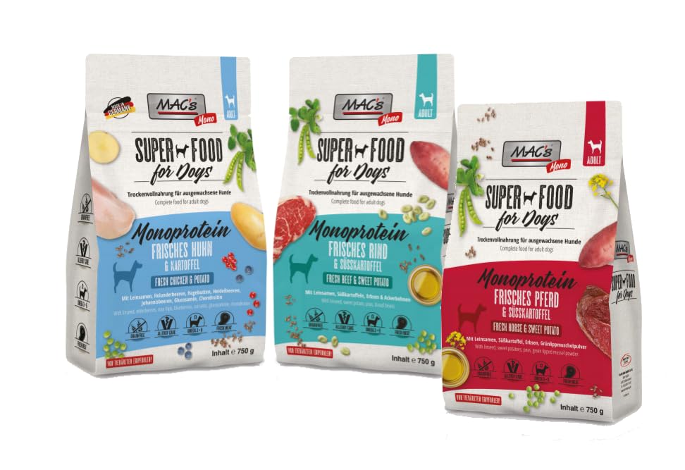 Mac's Dog Trockenfutter Multipack 3 x 750g | Huhn, Rind, Pferd | Mono | Getreidefrei und gut verträglich | hergestellt in der Eifel | Premium Trockenfutter für Hunde
