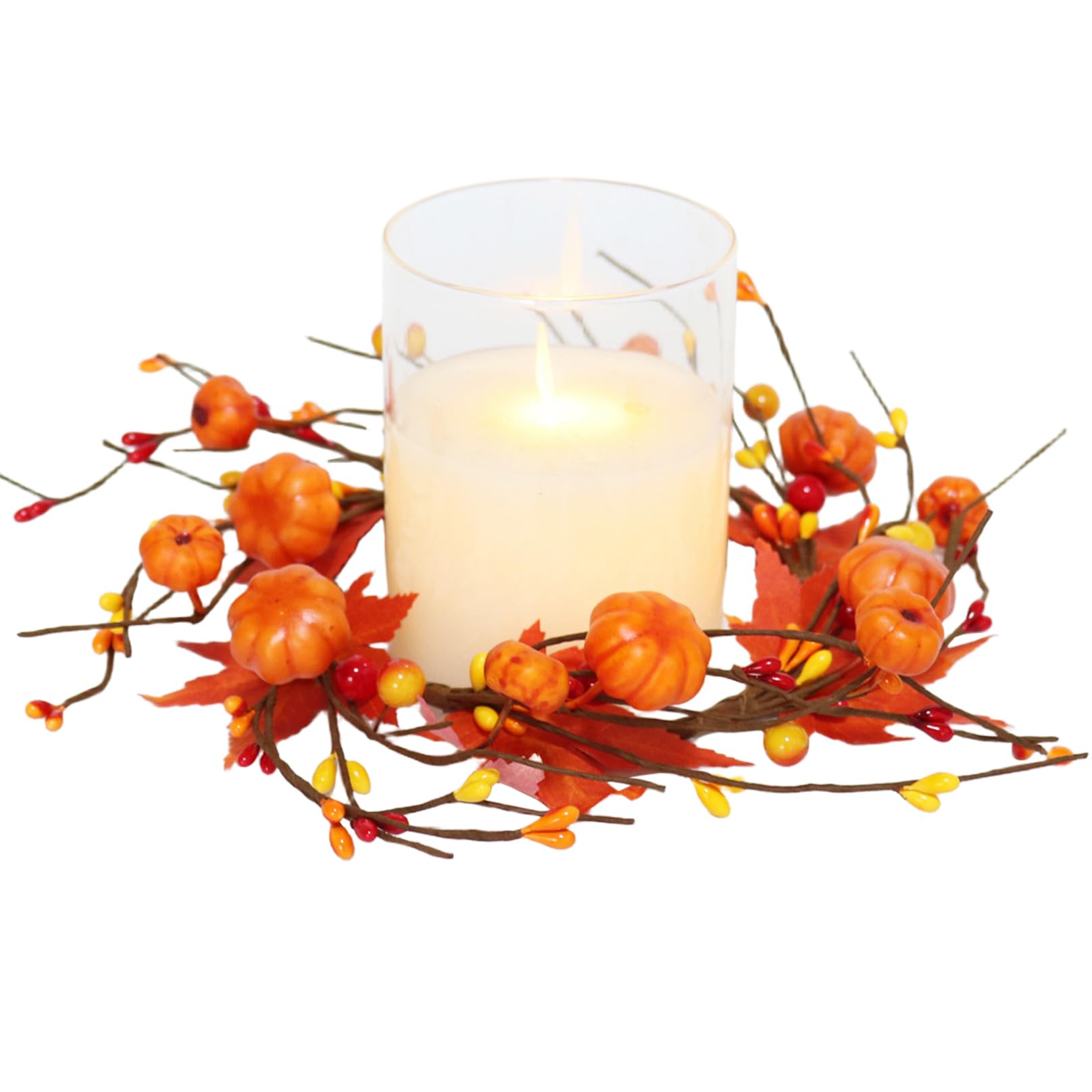 Fall Candle Rings 1pc, Maple Leaves & Pumpkin, 9.8in, Burnt Orange..