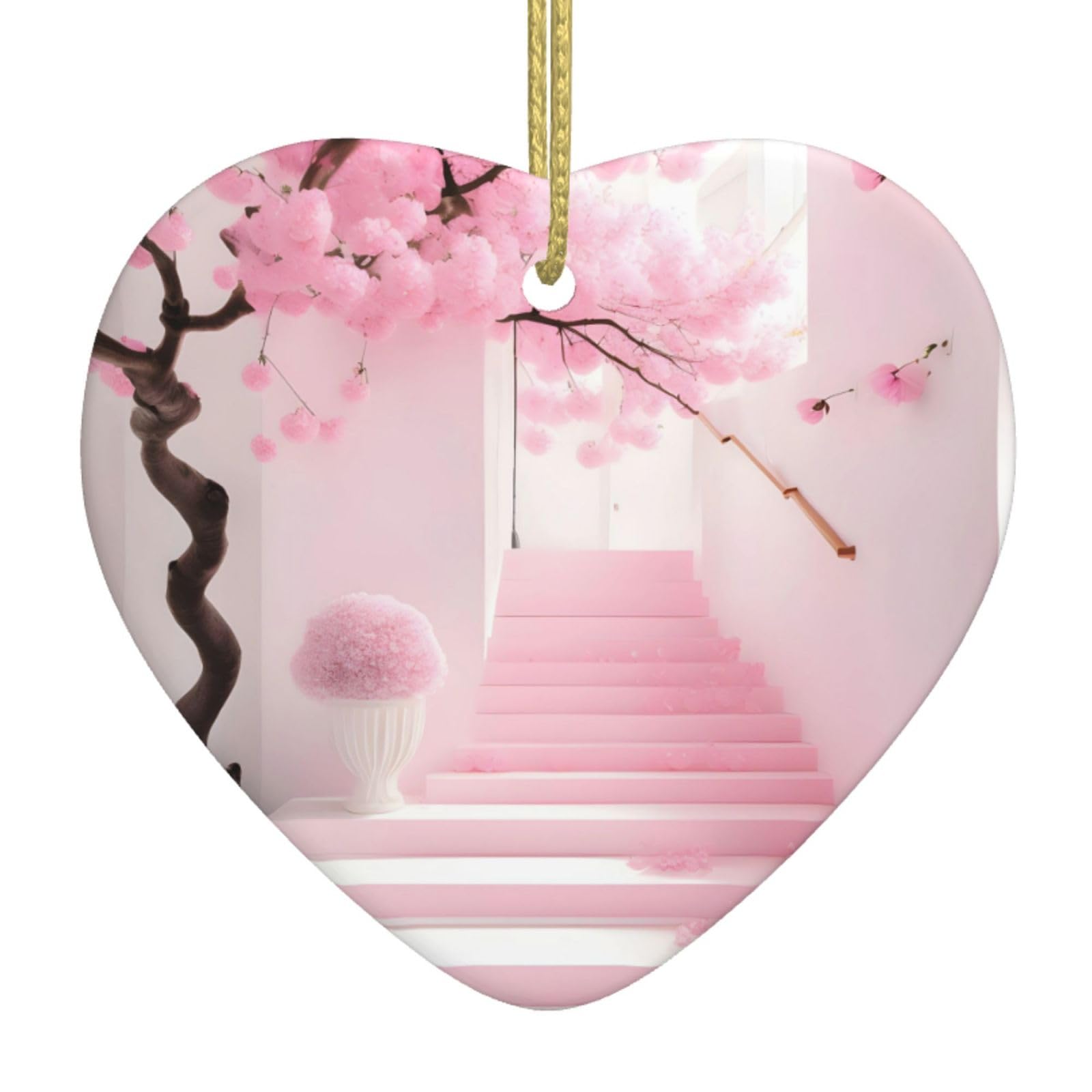 Pink Cherry Blossom Staircase Ceramic Christmas Heart Pendant with Silk Thread, Christmas Tree Home Decoration