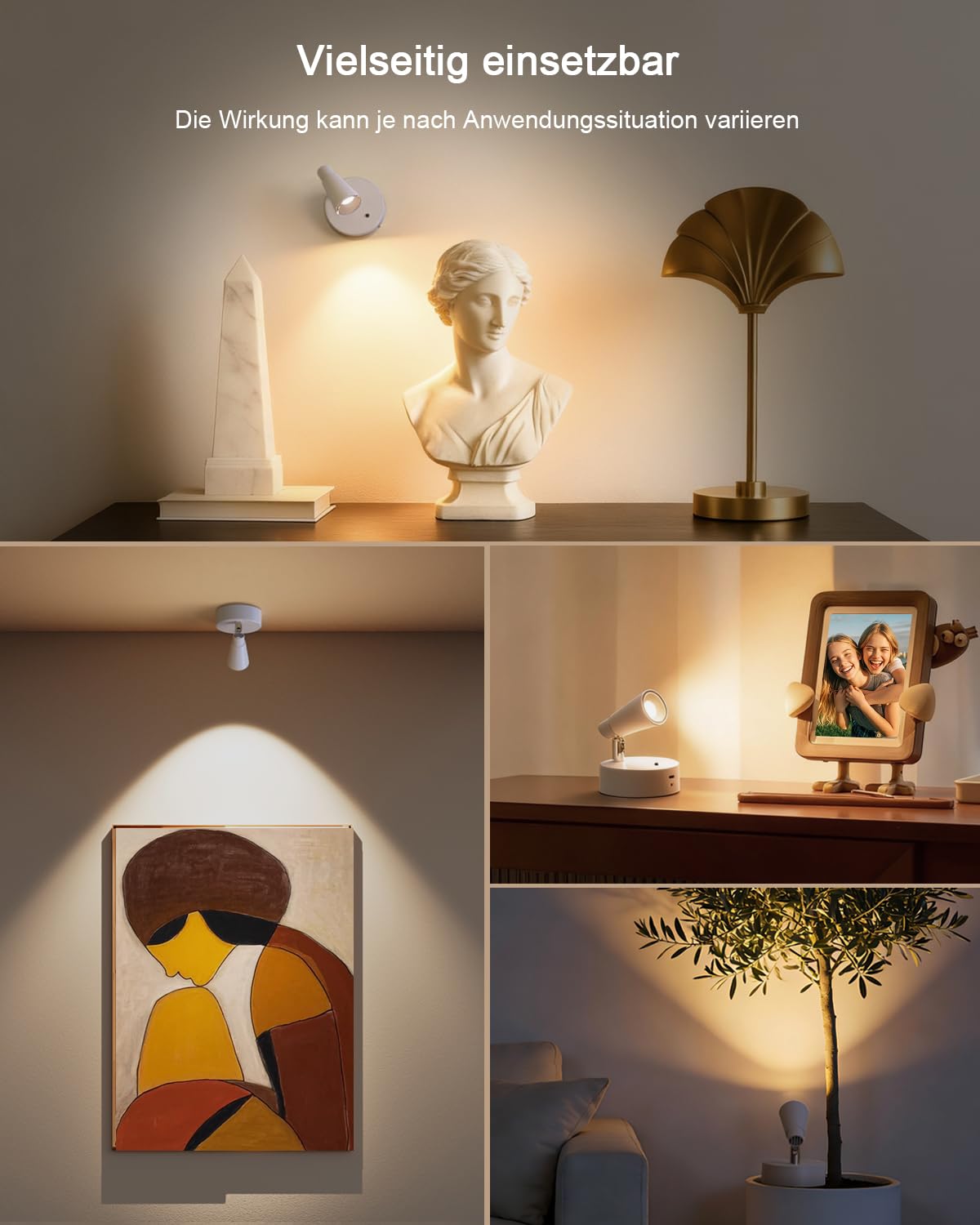 Spotlight LED Akku Aufladbar Kabellose Innen mit 5000mAh, Wandspot mit 350° Drehbare,2Pack Aufladbare Wandleuchte Innen mit 3 Farben Dimmbar Touch Fernbedienung für Bilderbeleuchtung