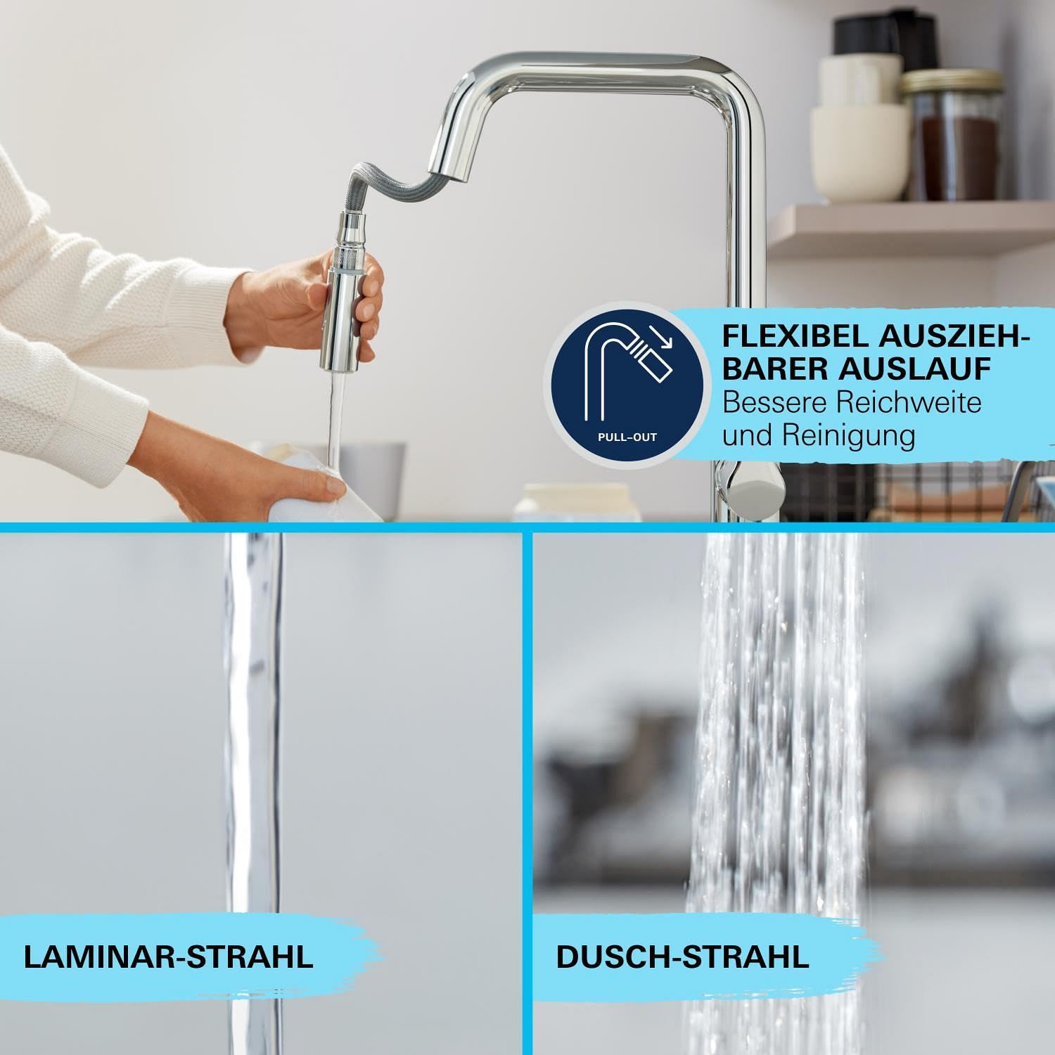 GROHE Start, Küchenarmatur 2 Strahlarten (Wasserhahn Küche, ausziehbare Brause, 360° schwenkbar, wassersparend dank variabler Mengenbegrenzung, werkzeugfreie Spülbecken-Montage), schwarz, 306312430