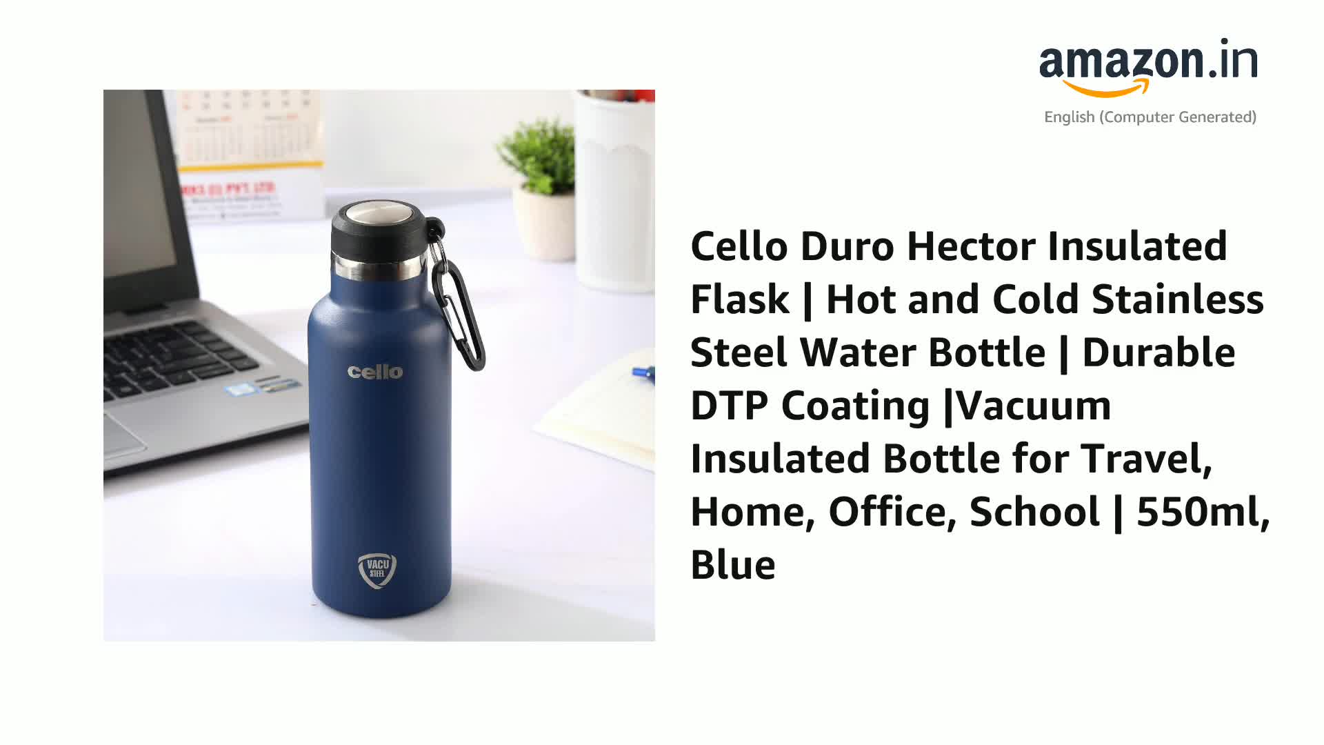 Cello Duro Hector Thermosteel Water Bottle 550 ml, Blue | ISI