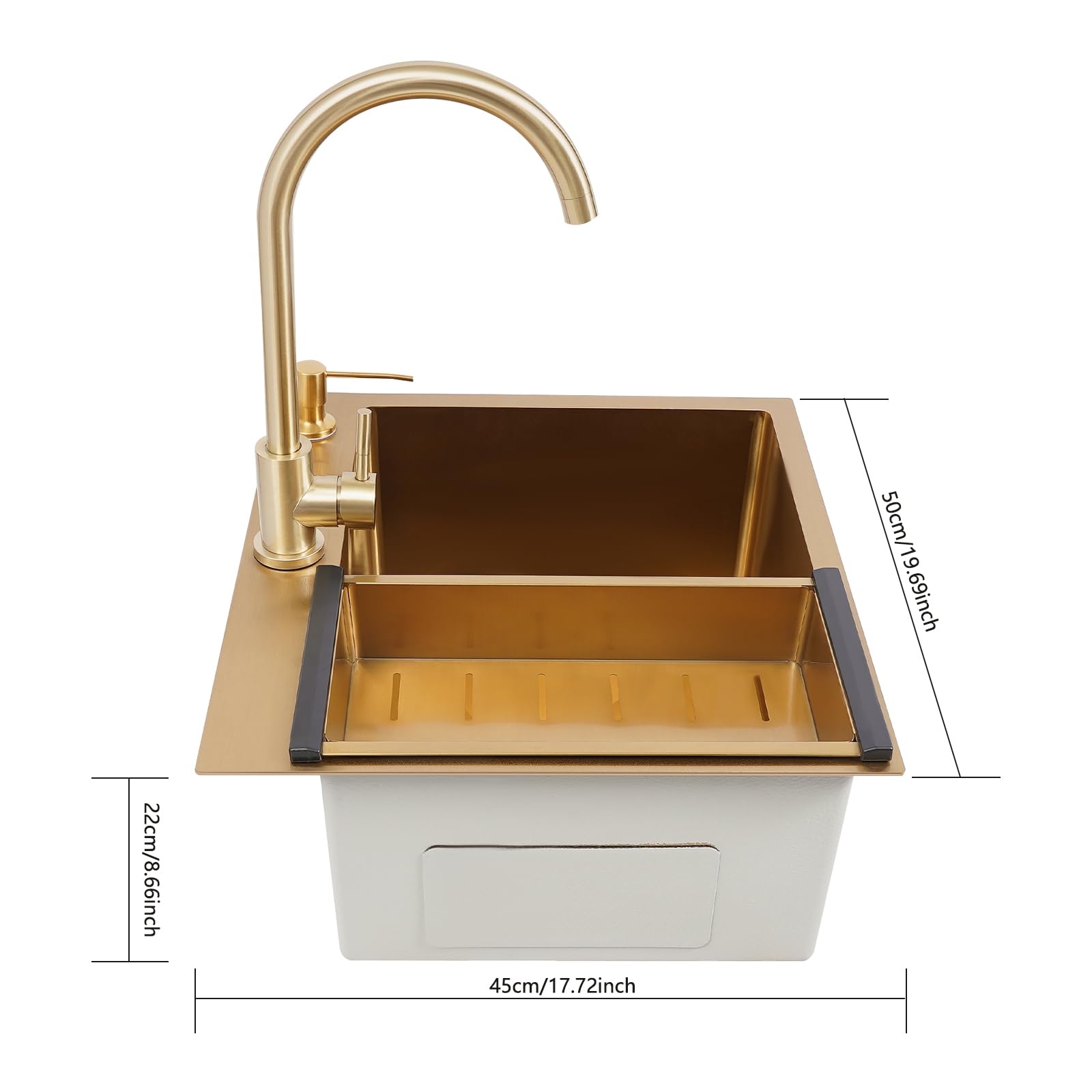 Fregadero de acero inoxidable dorado PVD, con grifo giratorio y dispensador de jabón, drenaje rápido en X, silencioso, anticondente, para cocinas y hogares, diseño moderno con lavabo grande, 50 x 45 x