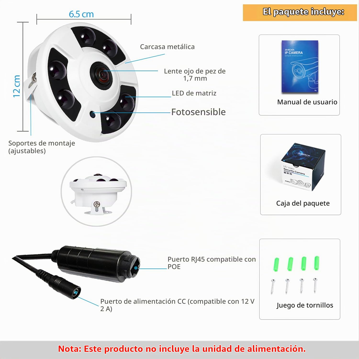 5MP Cámara IP Fisheye PoE Cámara Seguridad Interior,CCTV Interior Cámara Seguridad 1.7mm Lente 180° Ángulo Visión,6 LED IR Visión Nocturna P2P Detección Movimiento (IF02-P-HS)