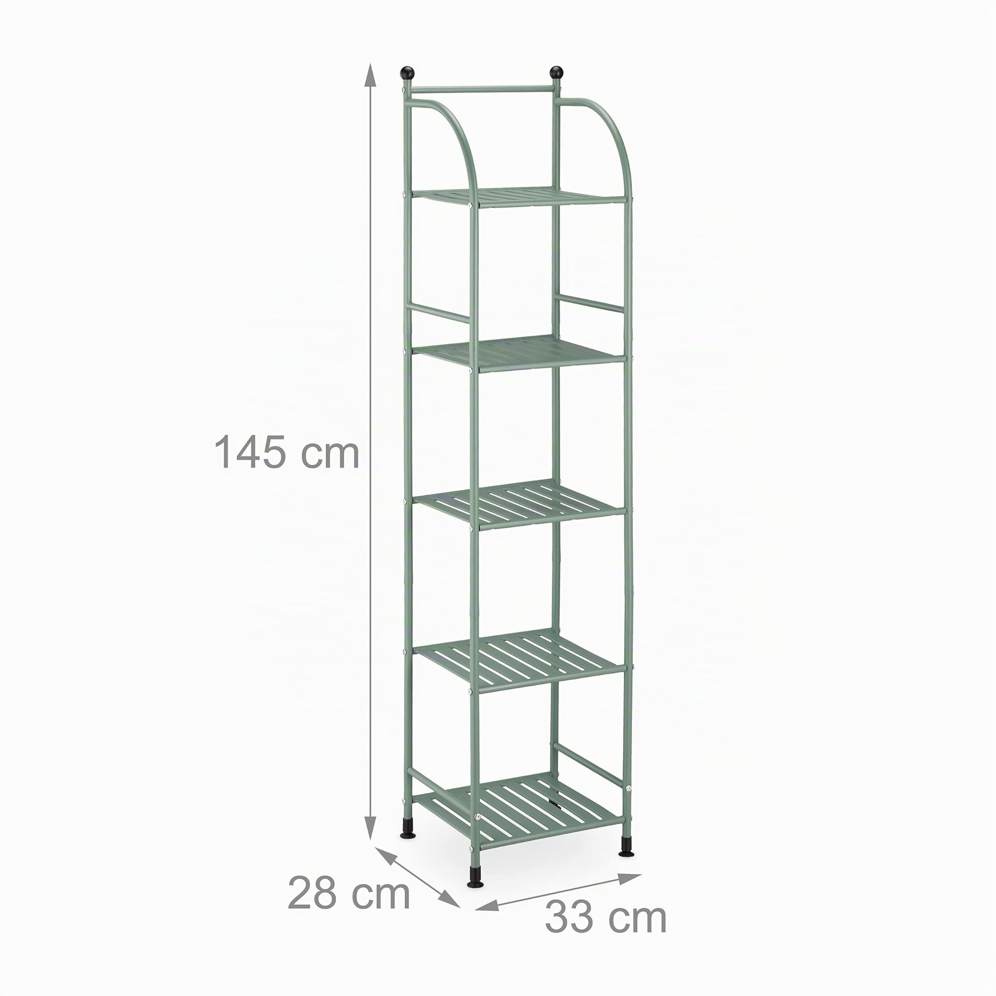 Relaxdays Scaffale in Metallo, HxLxP: 145 x 33 x 28 cm, Mobiletto Cucina e Bagno, 5 Ripiani, Mensole Multiuso, Verde