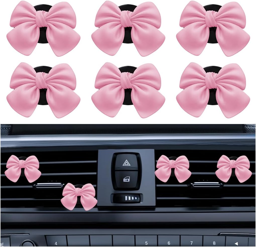 6PCS Cute Bow Car Air Vent Clips, Coquette Vehicle Air Conditioner Outlet Clamp Decor, Girly Aesthetic Automotive Interior Vent Clip Charm, Universal for SUV Van Sedan (Pink)