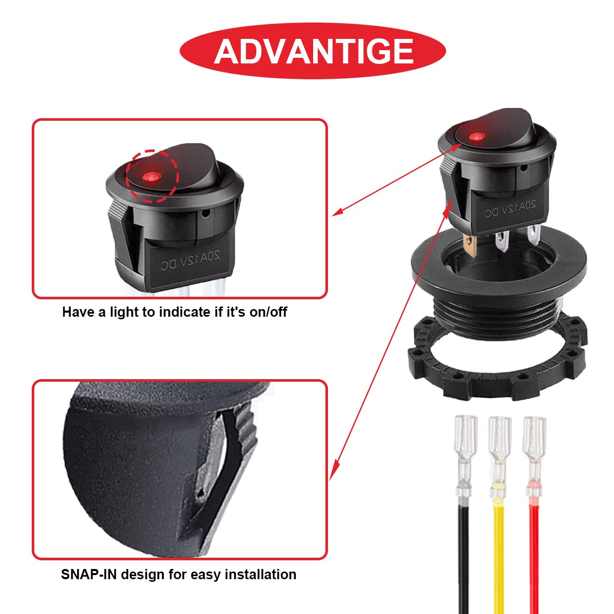 4er-Set Runder Wippschalter 12V 20A / 24V 10A – Blau Beleuchteter SPST 3-Pin Ein/Aus-Schalter Für Auto, Boot & Mehr – Mit Montagerahmen Und Anschlusskabeln