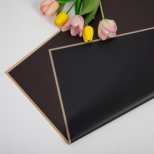 Miniatura 3 de eageus 60 hojas de papel de regalo floral, papel de embalaje de ramo de flores negro impermeable con borde dorado de doble cara, suministros de