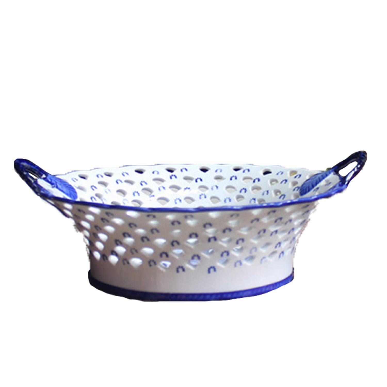 SHINING Blue and White Porcelain Fresh Fruit Platter With ears Handicraft Pierced Fruit Plate For Snack Gift Cabinet Decorations Artwork (L Platter)