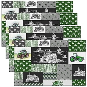 Erosebridal Tractor Placemats 12X18 Set of 4 Equipment Trucks Place Mats Farmhouse Harvester Heat Resisting Table Mats for Kids Boys Kitchen Dining Table Green Vehicle Plaid Wipeable Placemats, Grey