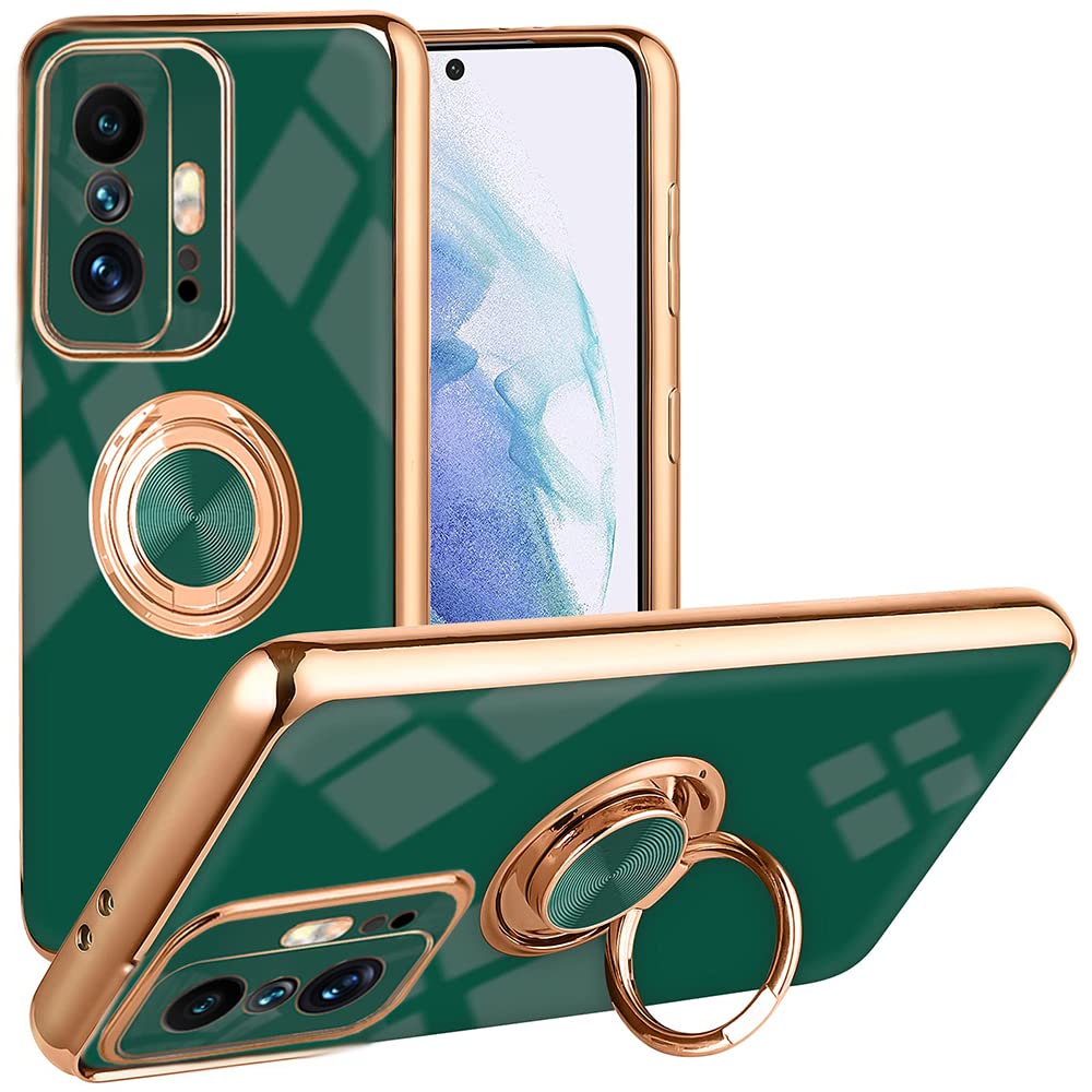 IBEX Case Compatible with Xiaomi Mi 11T 5G / 11T Pro 5G, Shiny Plating TPU Ring Stand Case, Soft and Slim Protective Case with Shockproof Edge - Dark Night Green