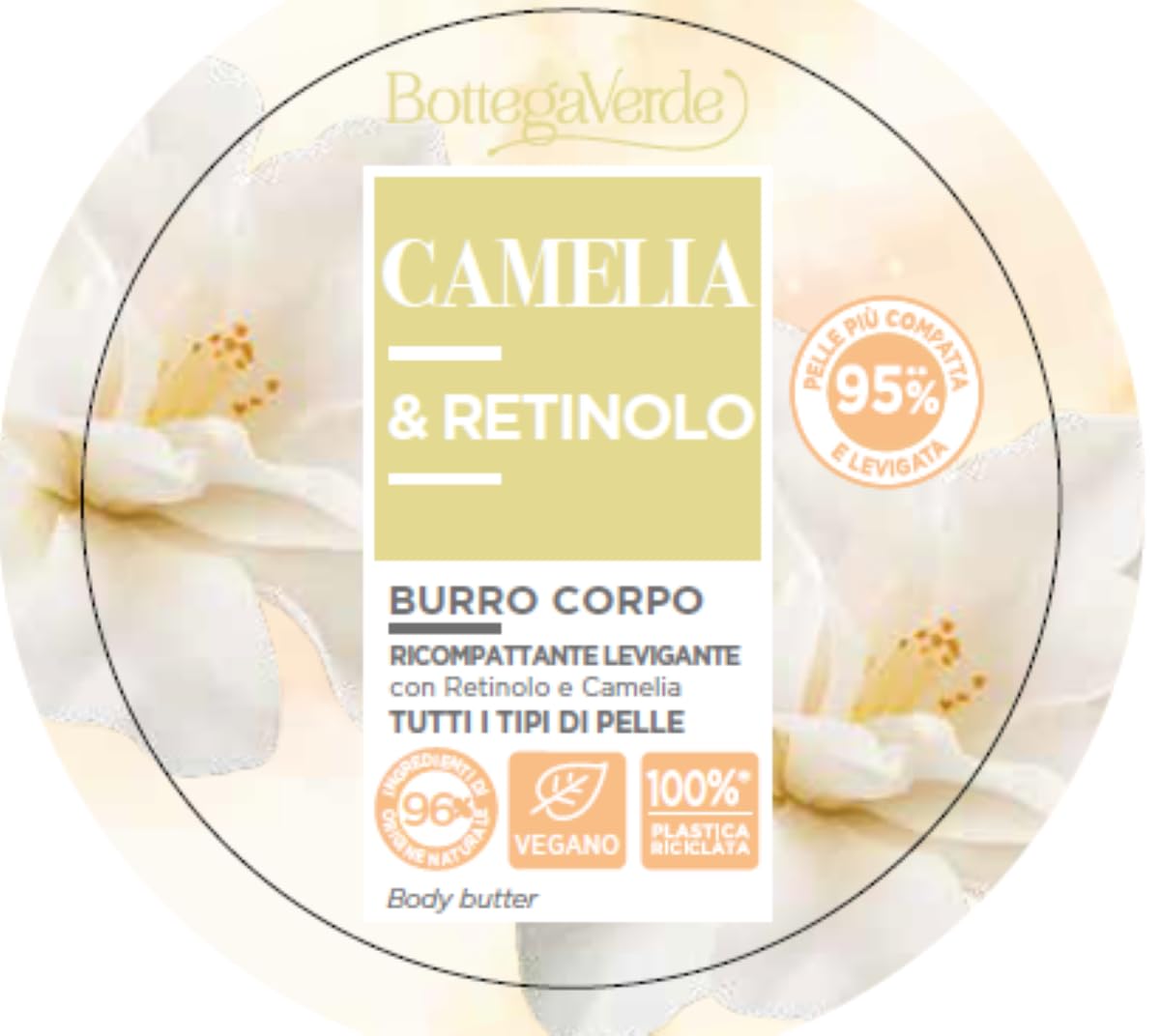 Bottega Verde Kamelia i Retinol, masło do ciała, 150 ml, zagęszczający i wygładzający, z retinolem i ekstraktem z kamelii hiperfermentowanym środkiem uszczelniającym Bottega Green Bottega do
