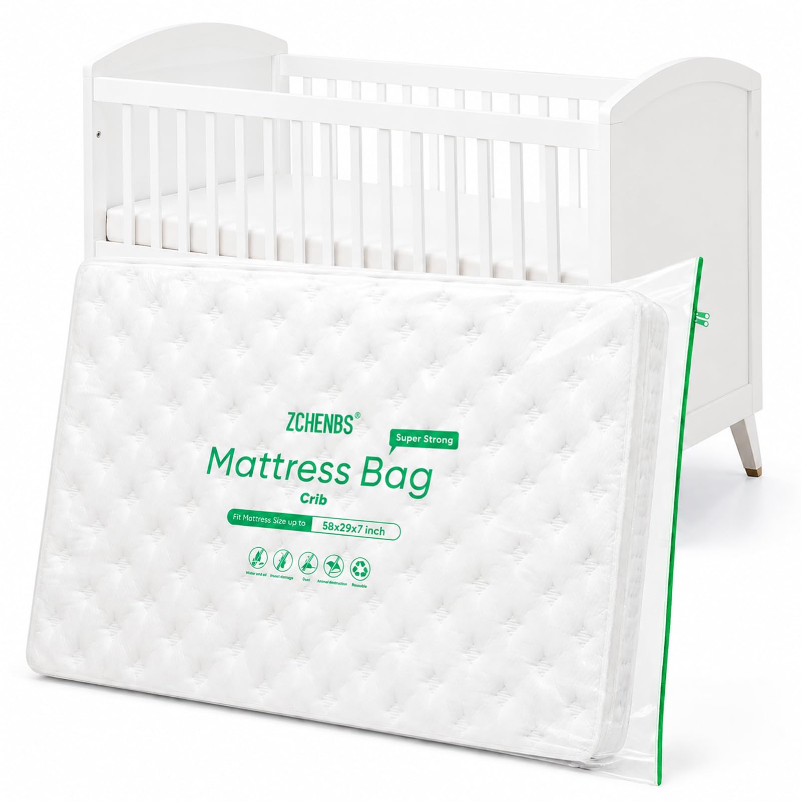 ZCHENBS® - Crib Mattress Bags for Moving, Waterproof Mattress Storage Bag with Zipper, Heavy-Duty 5 Mil Crib Bed Cover Protector Cot Mattress Bag for Moving, Reusable (Transparent/Green, 1 Pack)