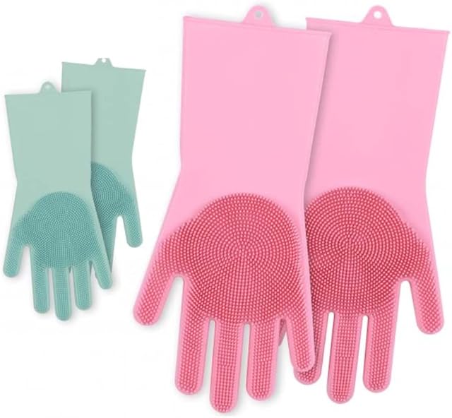 VTL® Silicone Magic Cleaning Gloves with Scrubber Dishwashing Gloves Reusable Dish Wash Gloves, Heat Resistant Cleaning Gloves for Kitchen, Household, Bathroom, Per Hair Care