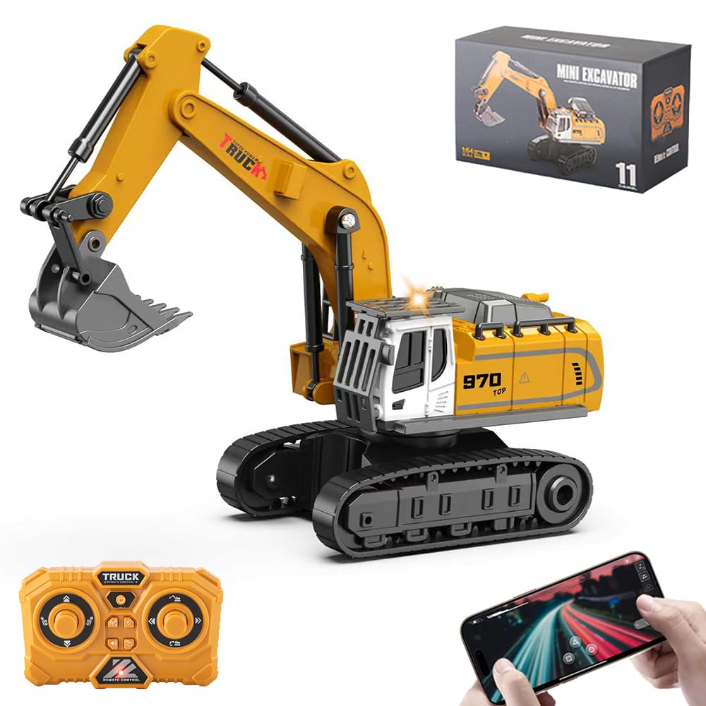 X-Verse 1:64 juguete de excavadora teledirigida, mini excavadora RC con luz y efectos de sonido, rotación de 320°, vehículo de construcción teledirigido para niños, juguete para niños, regalo