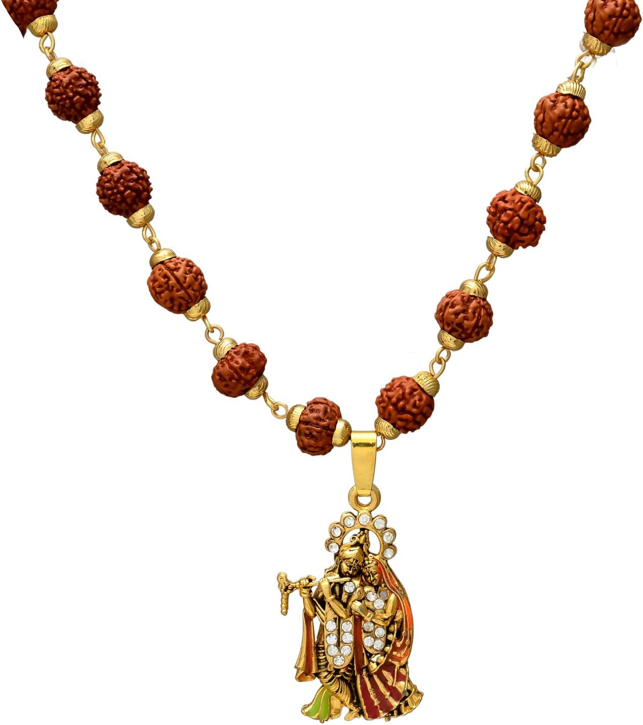 and Jewellery 36 Beads 9mm Gold Pleated Cap Rudraksha Mala Chain with Radha Krishna Locket for Men and Women