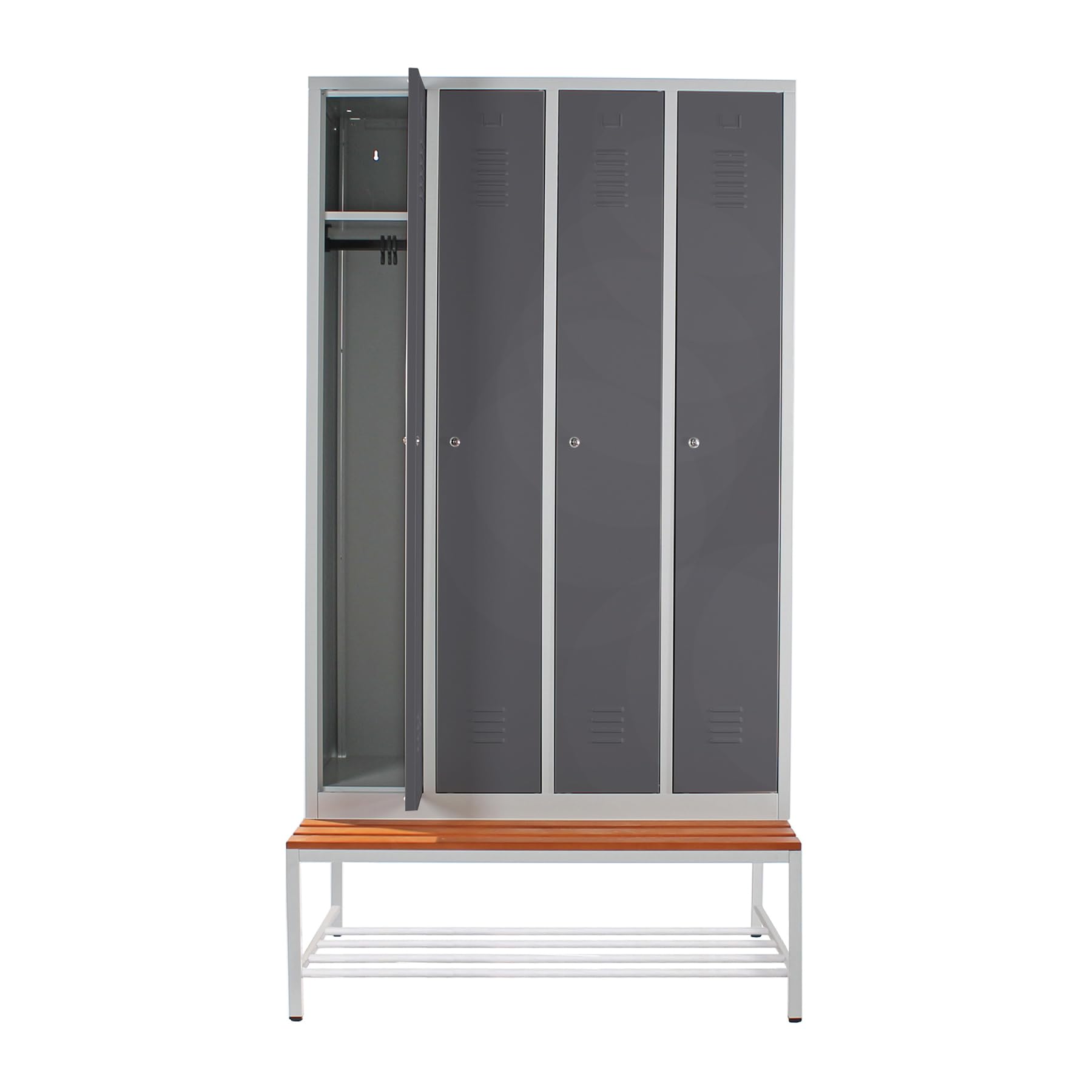 Schrank & Stuhl Spind – Metallspind mit 4 Abteilen und Sitzbank mit Schuhrost - 30 cm Abteilbreite, 220 x 117 x 80 cm, Schließfachschrank mit Hutboden & Zylinderschlössern, Grau/Anthrazit