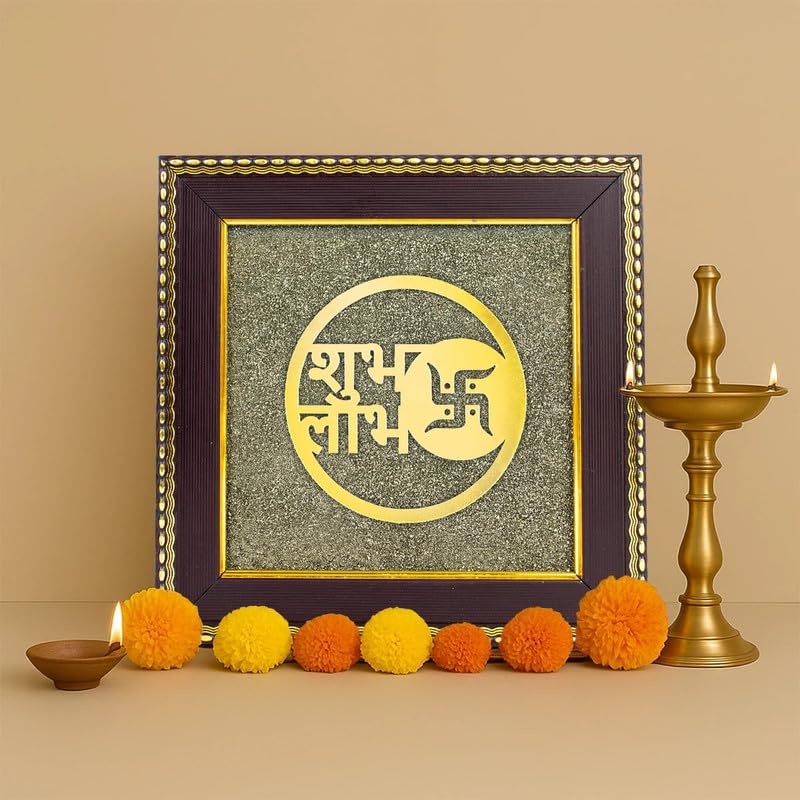 Image of Astrotalk Shubh Labh on Raw Pyrite Frame | Vastu Decorative Item for Wealth & Prosperity | Home Decor & Wall Decor Items for Living Room | Raw Pyrite Frame for Wall | Gift for Man & Woman