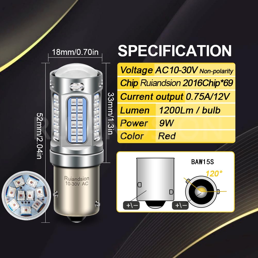 Ruiandsion BAW15S Ampoule LED Super Lumineuse 2016 69 Chipsets à DEL AC 10-30V Sans Polarité 1200LM Rouge Remplacement pour le feu de recul, le feu de signalisation et le feu de queue Paquet de 2