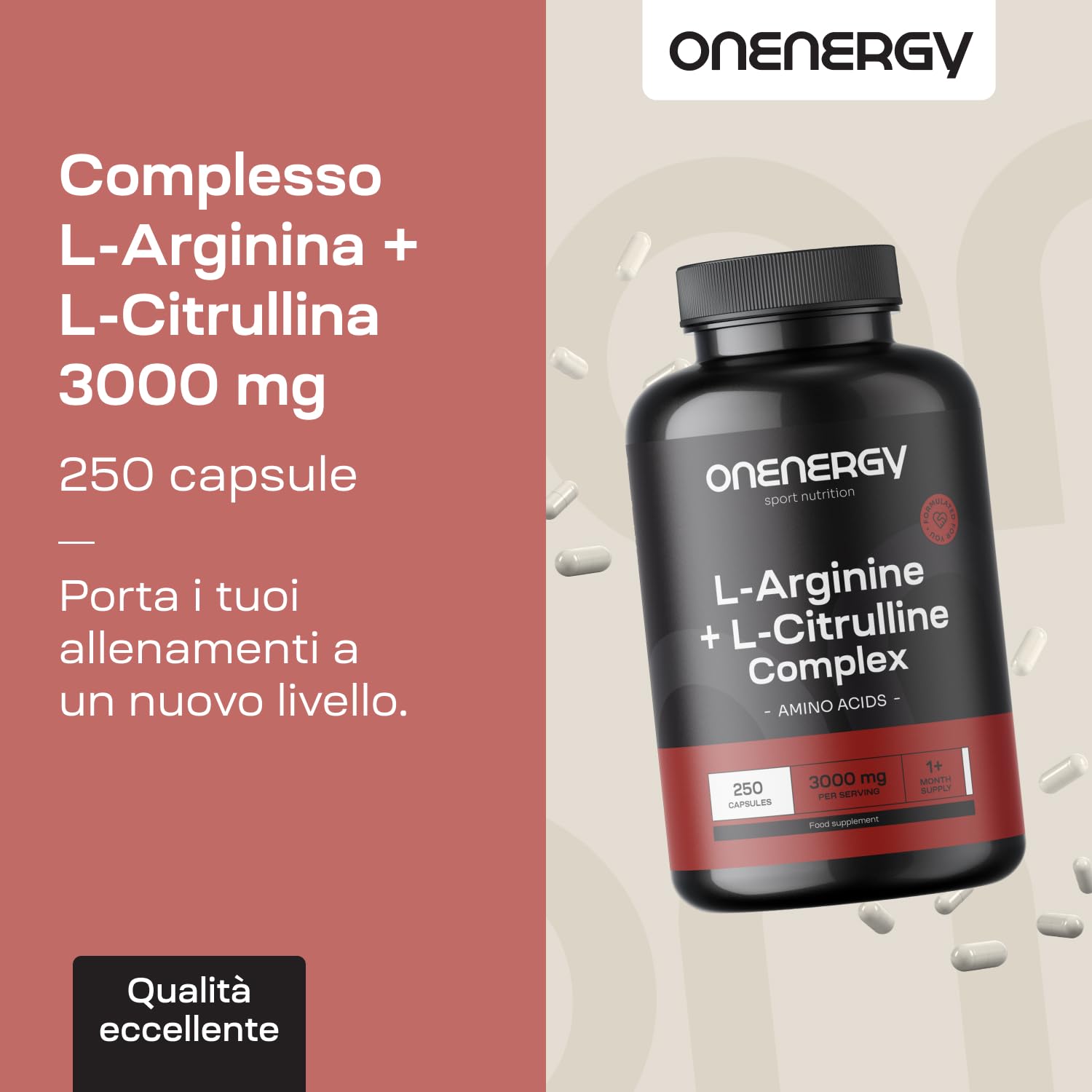 L-Arginina + L-Citrullina Complesso 3000 mg - 250 Capsule - Alto Contenuto di Aminoacidi - Aumenta l'Energia - Accelera il Recupero - Per Pre e Post Allenamento