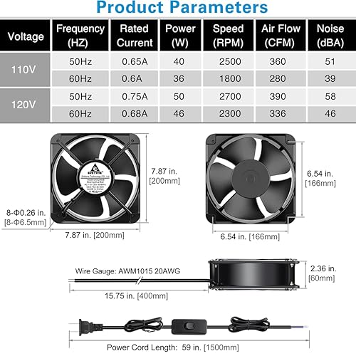 Vista 33 de GDSTIME Ventilador AXIAL 12038, 110 V 120 V CA 4.724 in x 1.496 in, doble rodamiento de bolas, alto CFM con cable de alimentación Swtich