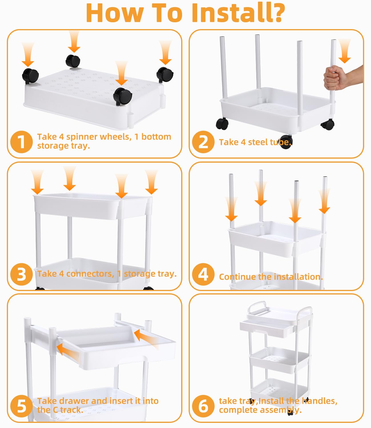 Carrello con Ruote Portatutto Cucina con Cassetto, Carrello Portaoggetti Multifunzionale con Maniglia, Gancio, Ruote Bloccabili, Carrellino per auto di Facile Montaggio per Bagno, Bianco