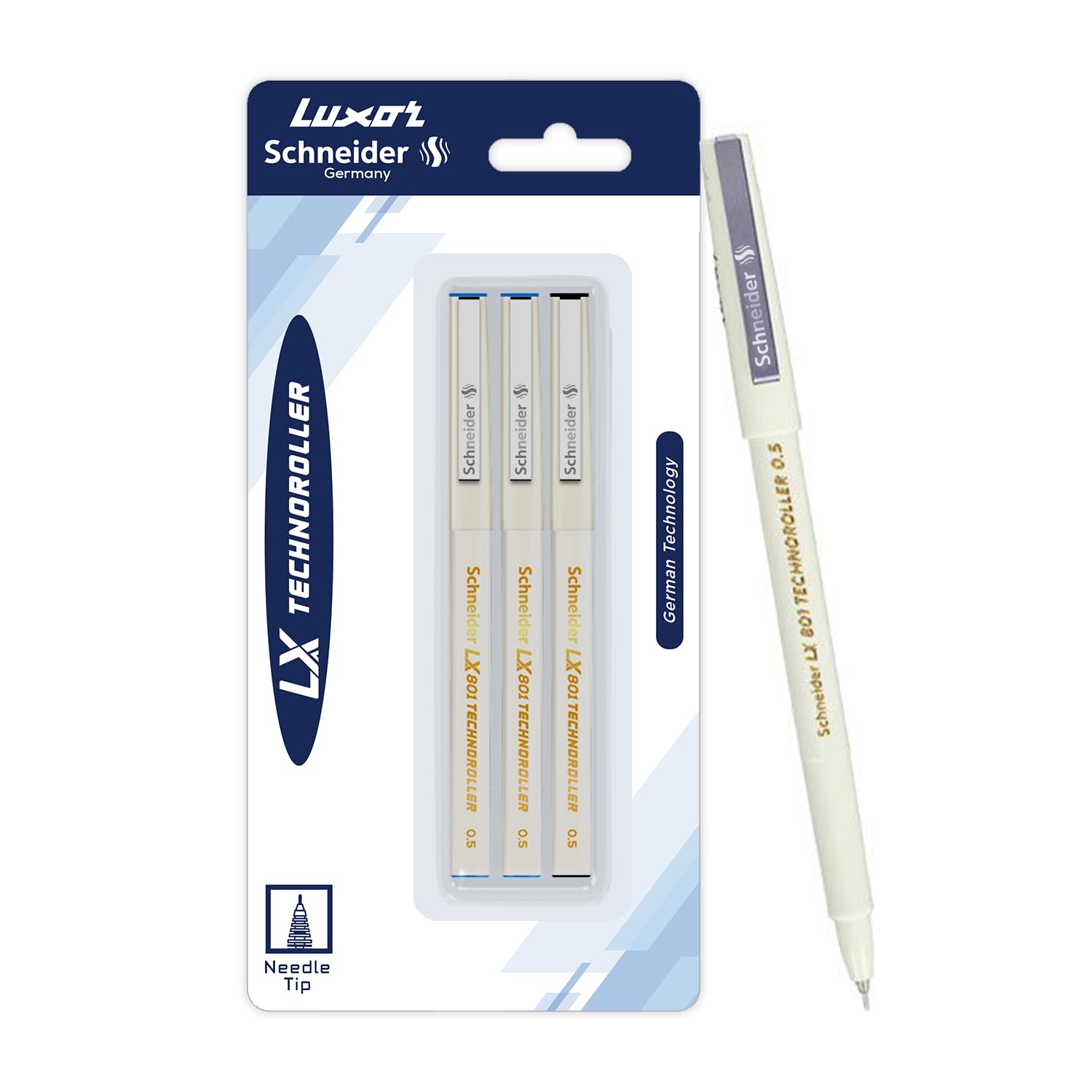 Luxor Schneider LX 801 Technoroller|Roller Ball Pen|Pack of 3 -(2Blue+1Black)|Needle Tip| 0.5mm|100% German Technology|Consistent Ink Flow|Smooth Writing Experience|Ideal for Students & Professionals