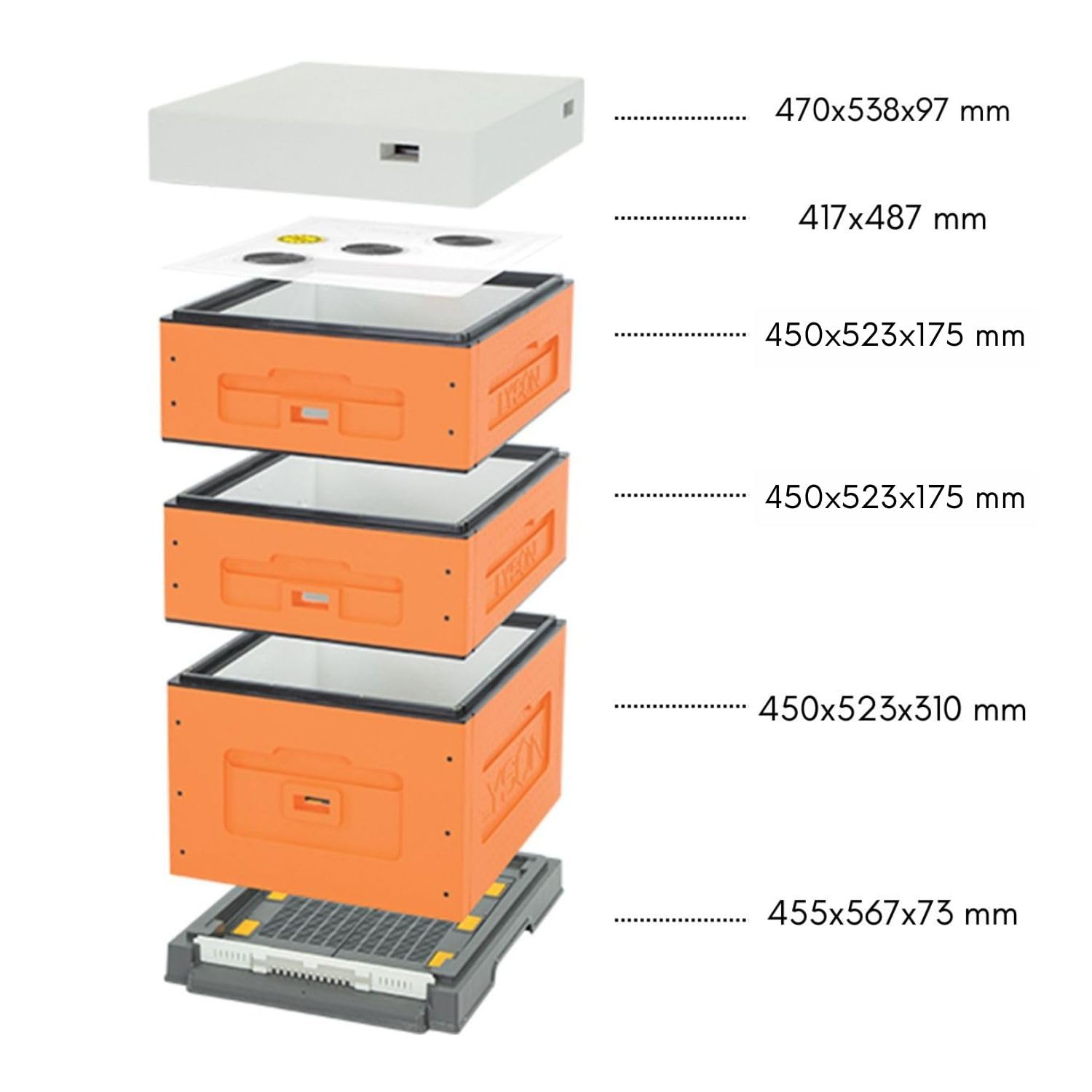 LYSON Bienenbeute Styropor Dadantbeute Dadant Blatt Beute OPTIMA Bienenstock-Set mit niedrigem Varroa-Kunststoffboden (ORANGE-GRAU) für die Selbstmontage (Passende Rahmen:47×43,5x30cm;47×43,5x15,9cm)