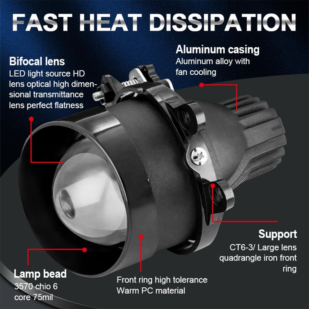 FLYANT CT6-6 Tri-Color LED Fog Lights for Toyota – 55W 3570 Chips, High/Low Beam Projector Lens, 12-32V Universal Voltage, Split Brackets, 6000K/3000K/4300K (Pair)