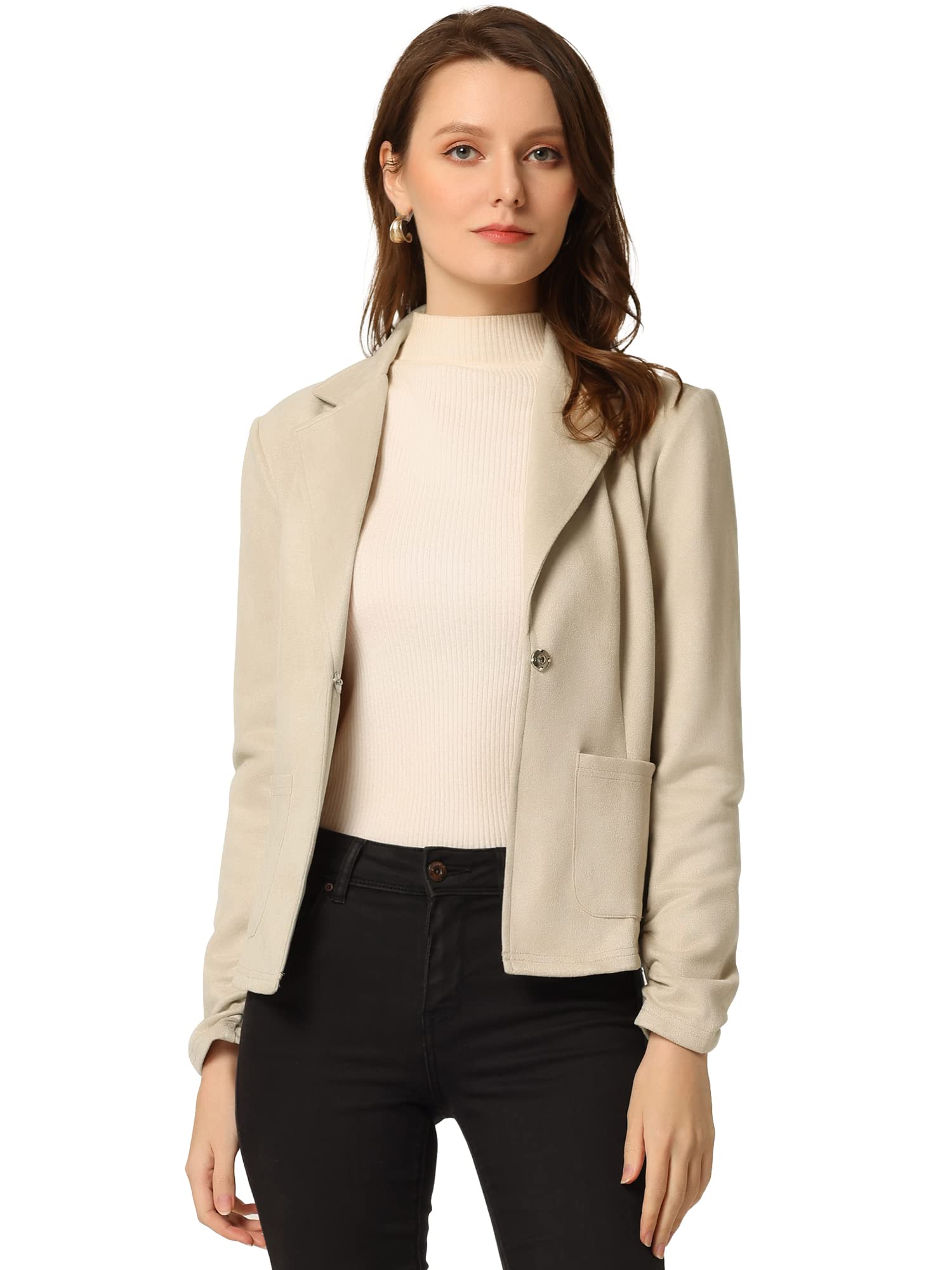 Womens Faux Suede Blazer Lapel Collar Ruched Sleeve One Button Work Office Jacket Blazers