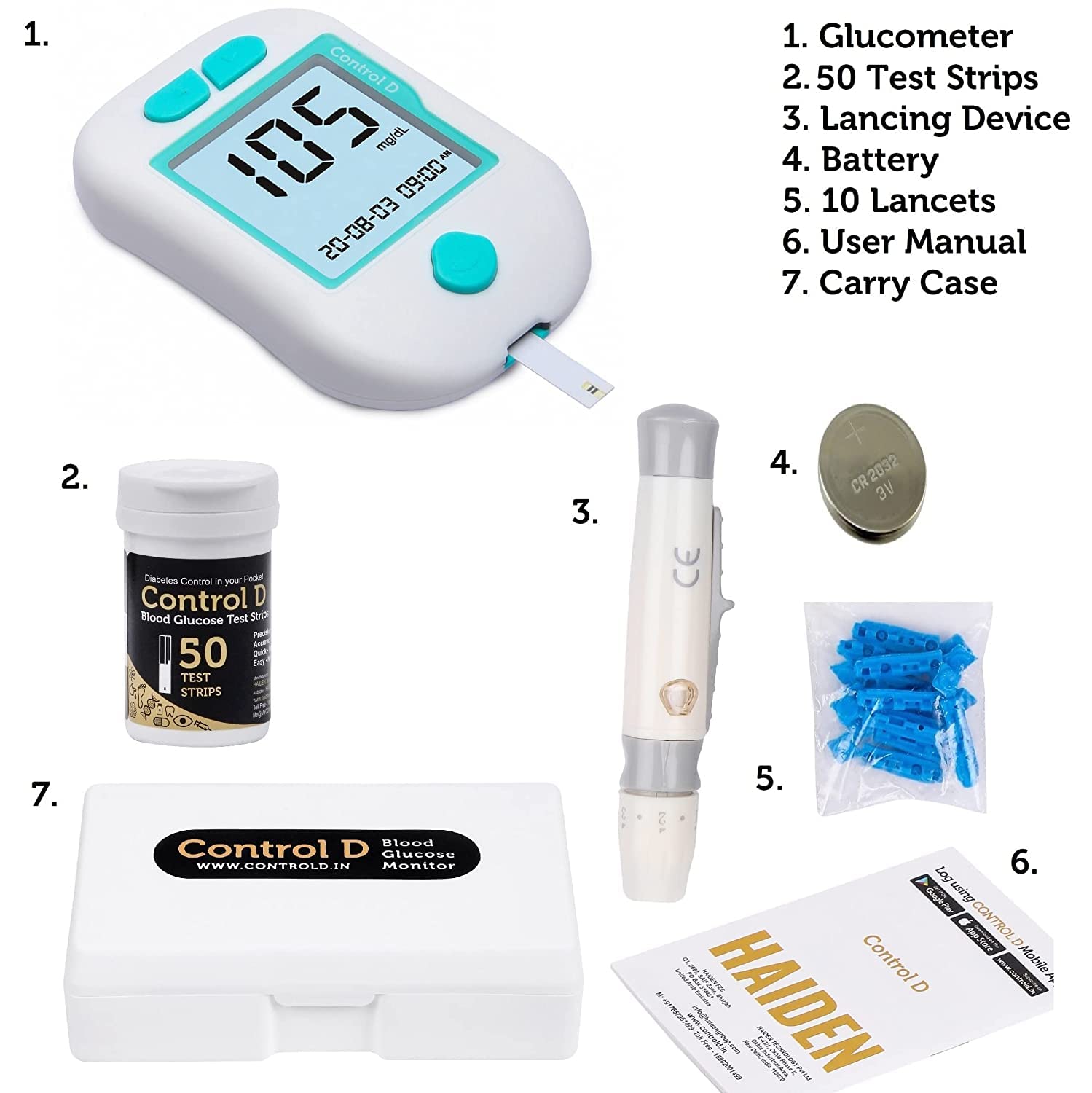 Control D Advanced Digital Diabetes Glucose Blood Sugar Testing Monitor with 50 Strips of Glucometer (White, Green) 2