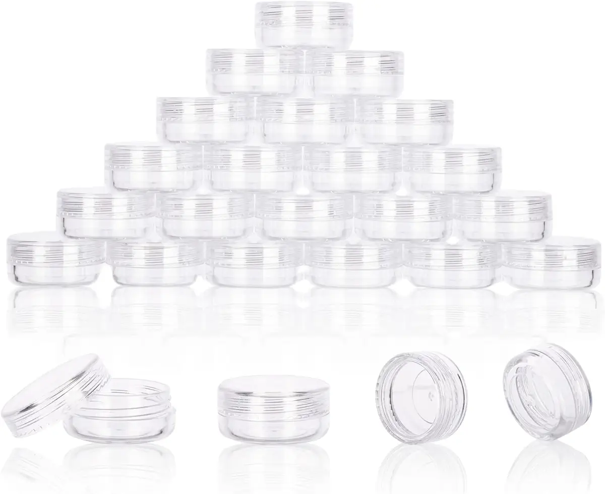 3 Gram Sample Containers with Lids, 25 Count Clear Sample Jars, Empty Lip Balm Containers, Mini Cosmetic Containers with Lids, Makeup Travel Containers with Labels, Mini Disposable Spatulas