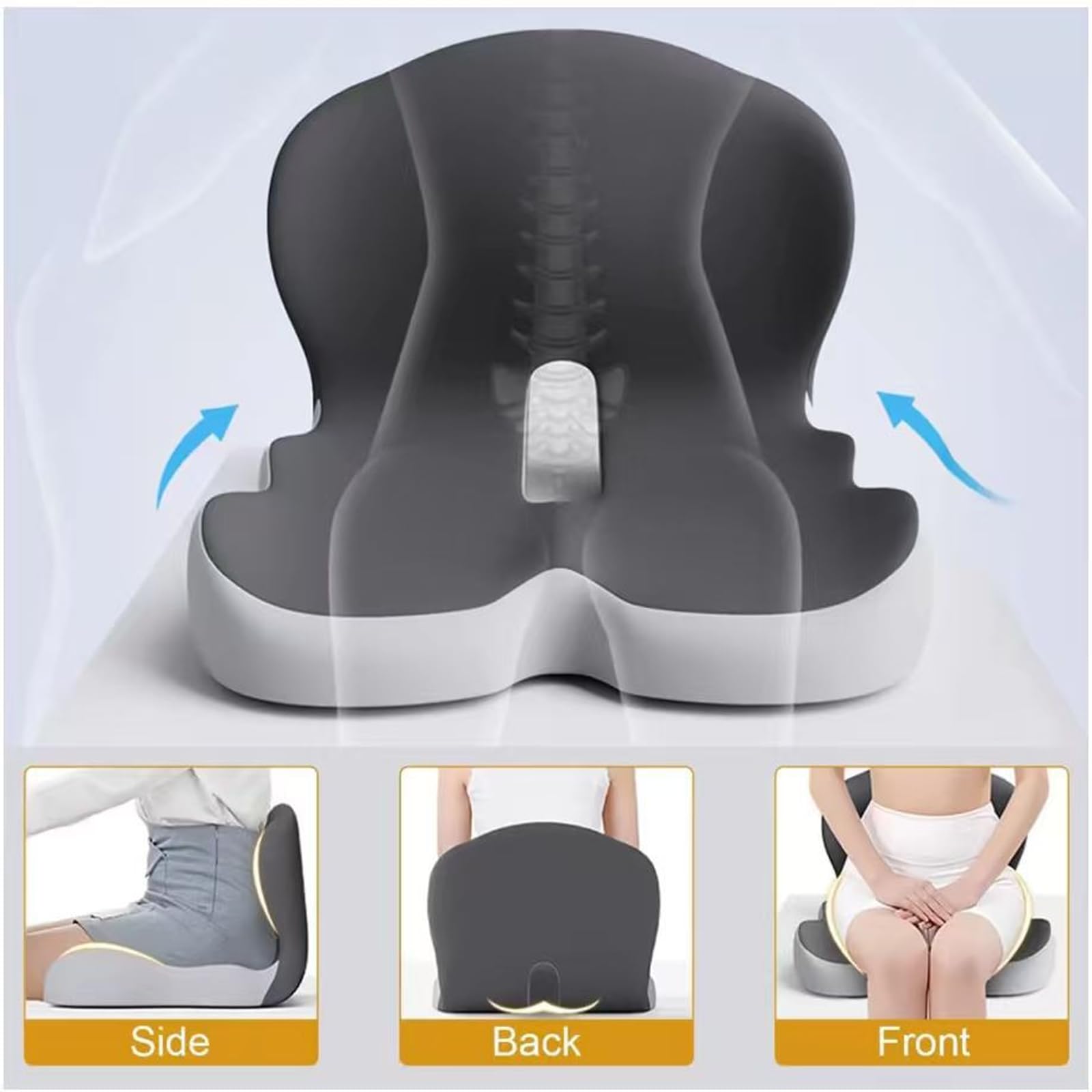 Cojín ortopédico para asiento, cojín de respaldo de espuma viscoelástica, diseño ergonómico que alivia la presión del coxis y la espalda, adecuado para asientos de oficina, estudiantes y Dark gray-B