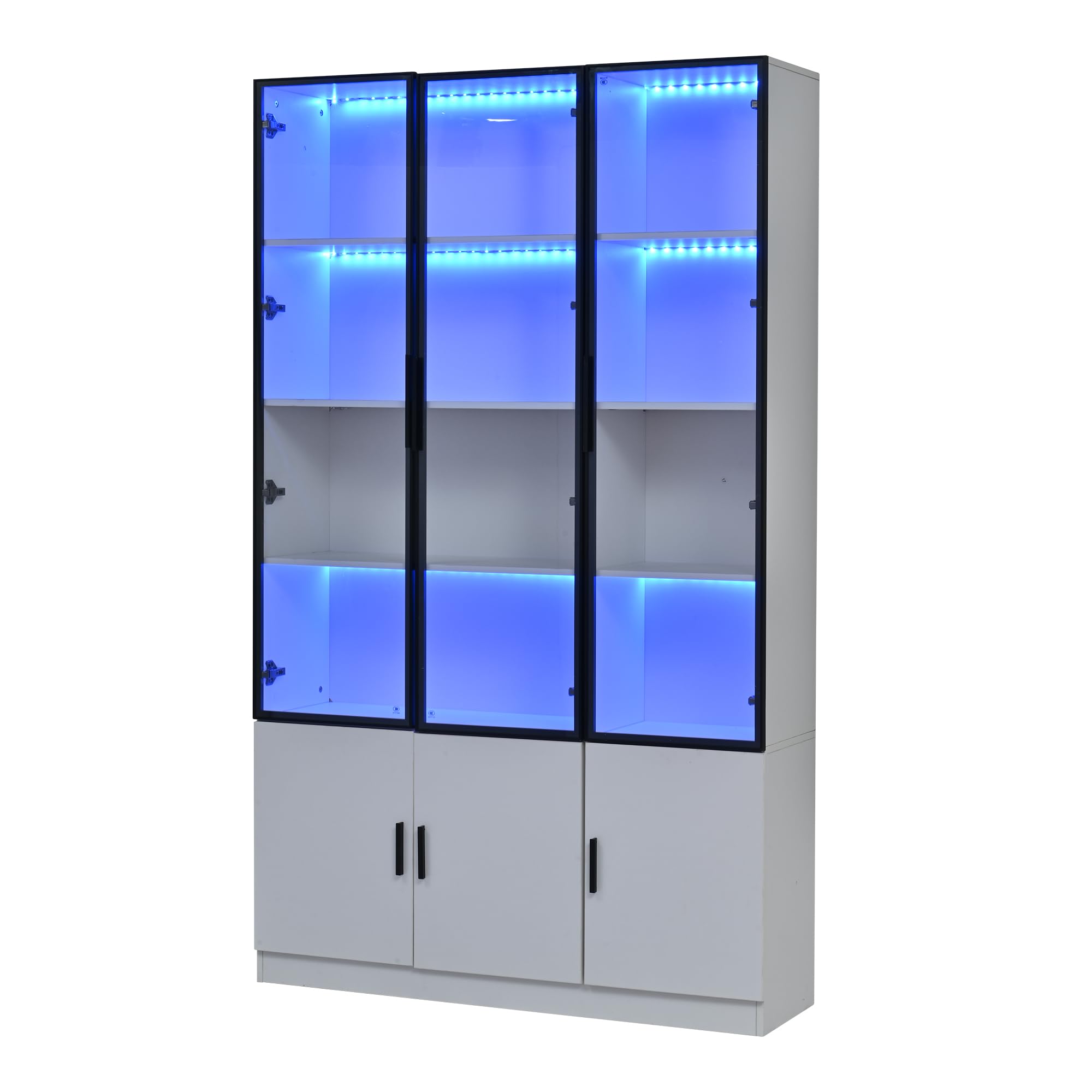 Vitrina de 120 x 32 x 200 cm, vitrina de pie con 6 puertas de armario, armario alto, vitrina de cristal con LED, armario de salón de 120 cm de ancho, armario multifunción, armario grande