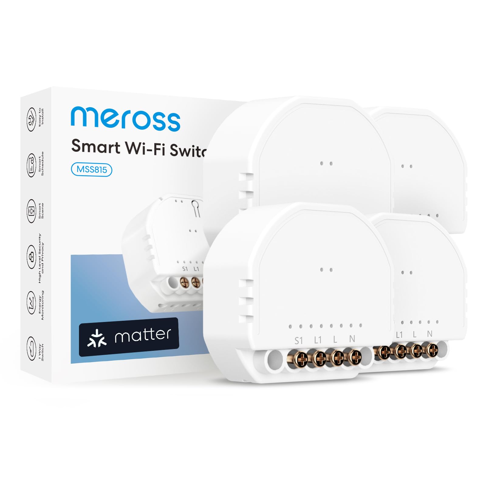 Meross Interruptor Inteligente Matter 4 Piezas, Cable Neutro Requerido, Control de Luz y Monitoreo Consumo Eléctrico, Compatible con Apple HomeKit, Alexa, Google Home y Home Assistant
