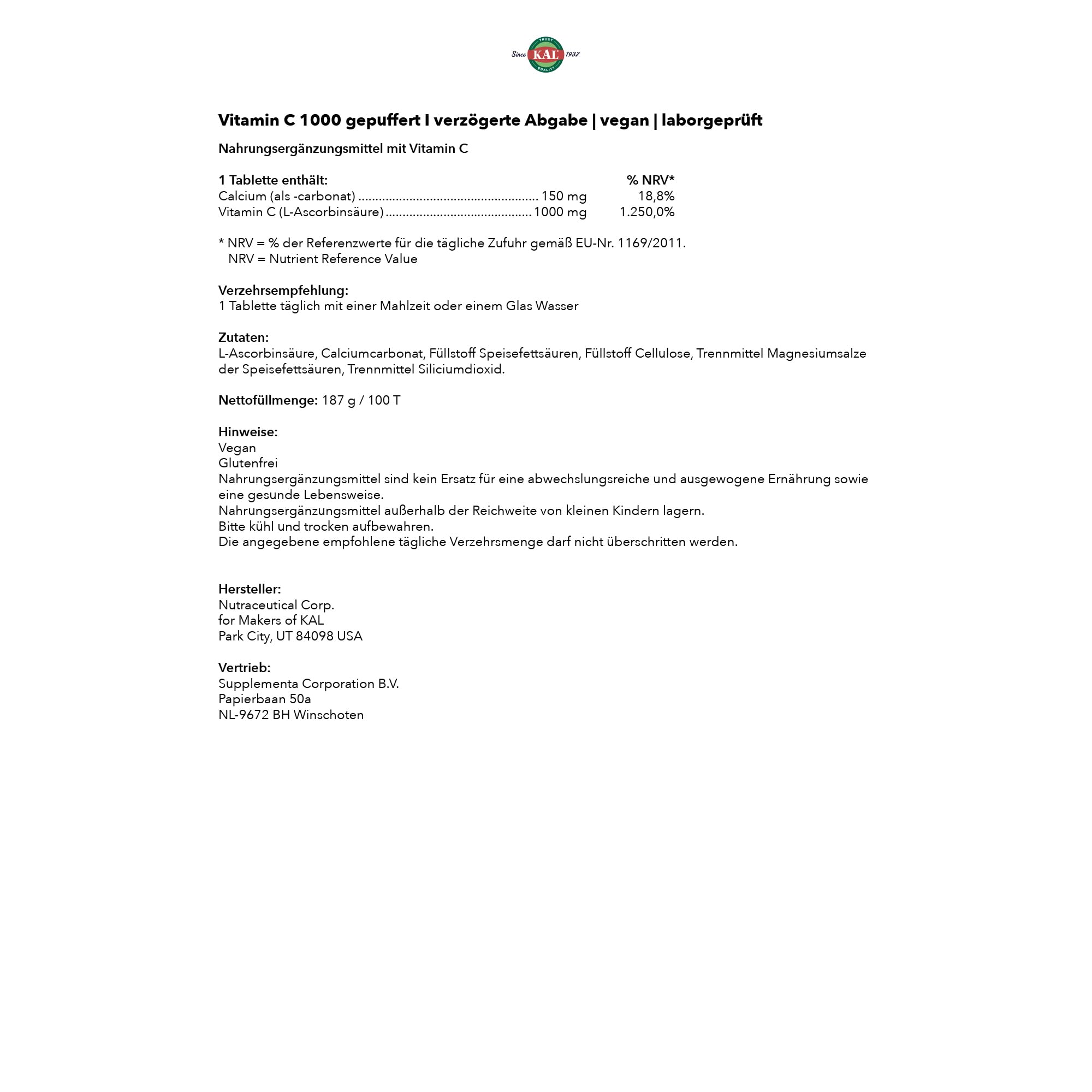 KAL Vitamin C 1000 Plus | 1000mg | 250 Tabletten | gepuffert | glutenfrei | vegan | ohne Gentechnik | laborgeprüft | Nahrungsergänzungsmittel mit VitaminC | Zellschutz | Stoffwechselprozesse