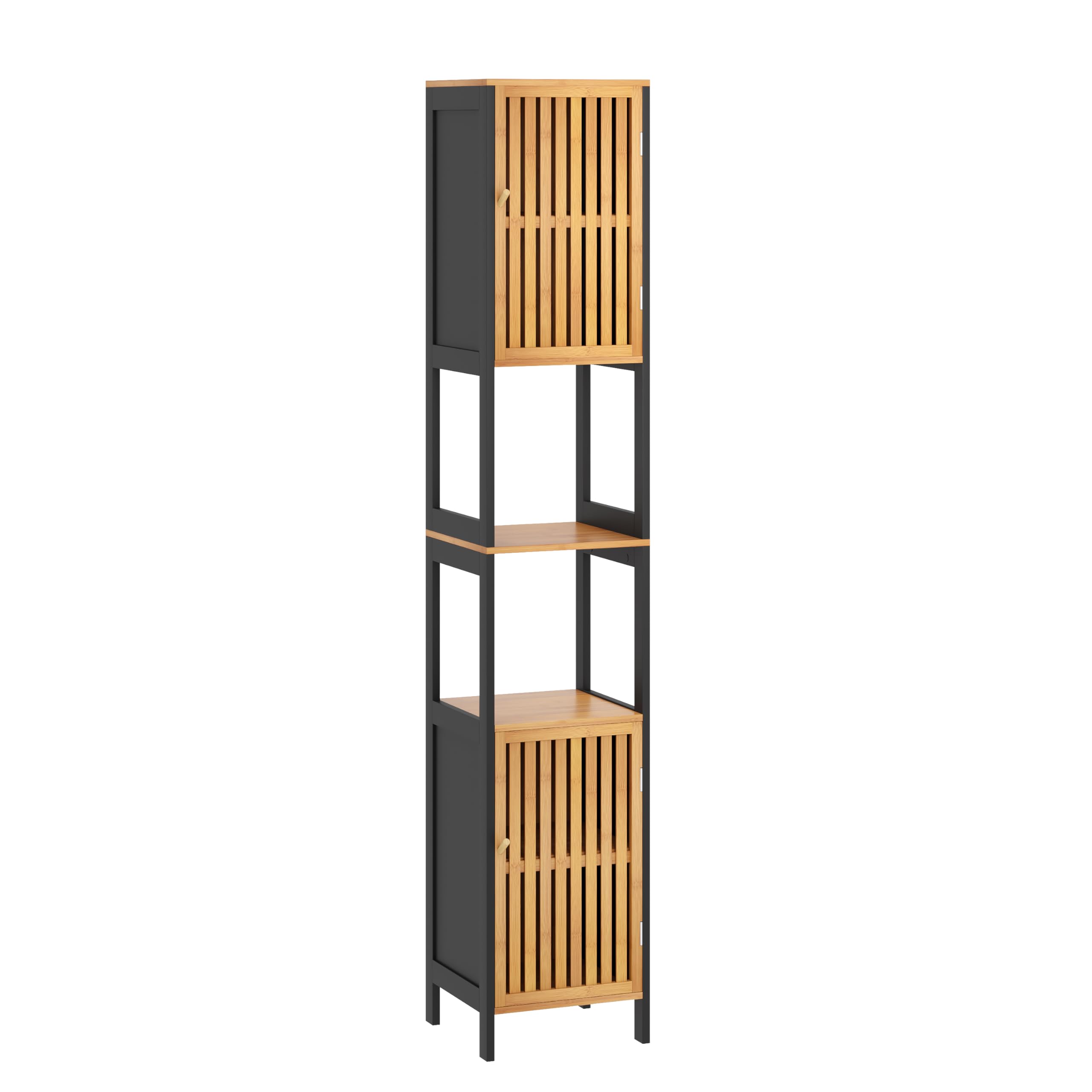 Colonne Rangement Salle de Bain/Meuble de WC - Gain de Place, Noir et Bois Clair – Structure MDF + Bambou Véritable – Finition Bois Naturel – Déco Zen, Idéal pour Toilettes et Salle de Bain