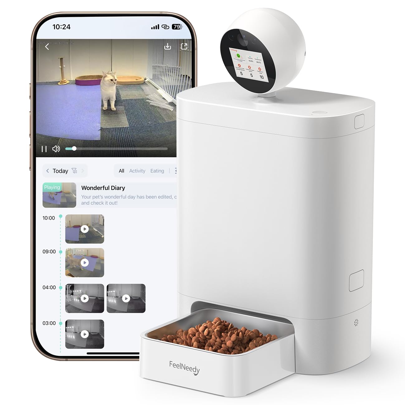 FEELNEEDY 5.5L Comedero Gato Automatico con Cámara 360°, Video 3MP HD con Visión Nocturna y Audio Bidireccional, 2.4G/5G Dispensador Comida Gatos/Perros, Pantalla IPS & App Control, Grabación de Video
