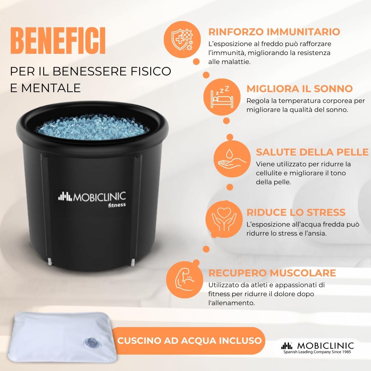 Mobiclinic® fitness, Vasca di ghiaccio, 350l, Recupero muscolare, Per gli sportivi, 83x83x75cm, Artic, Portatile, Terapia duale, Borsa il trasporto, Cuscino gonfiabile, Bordo