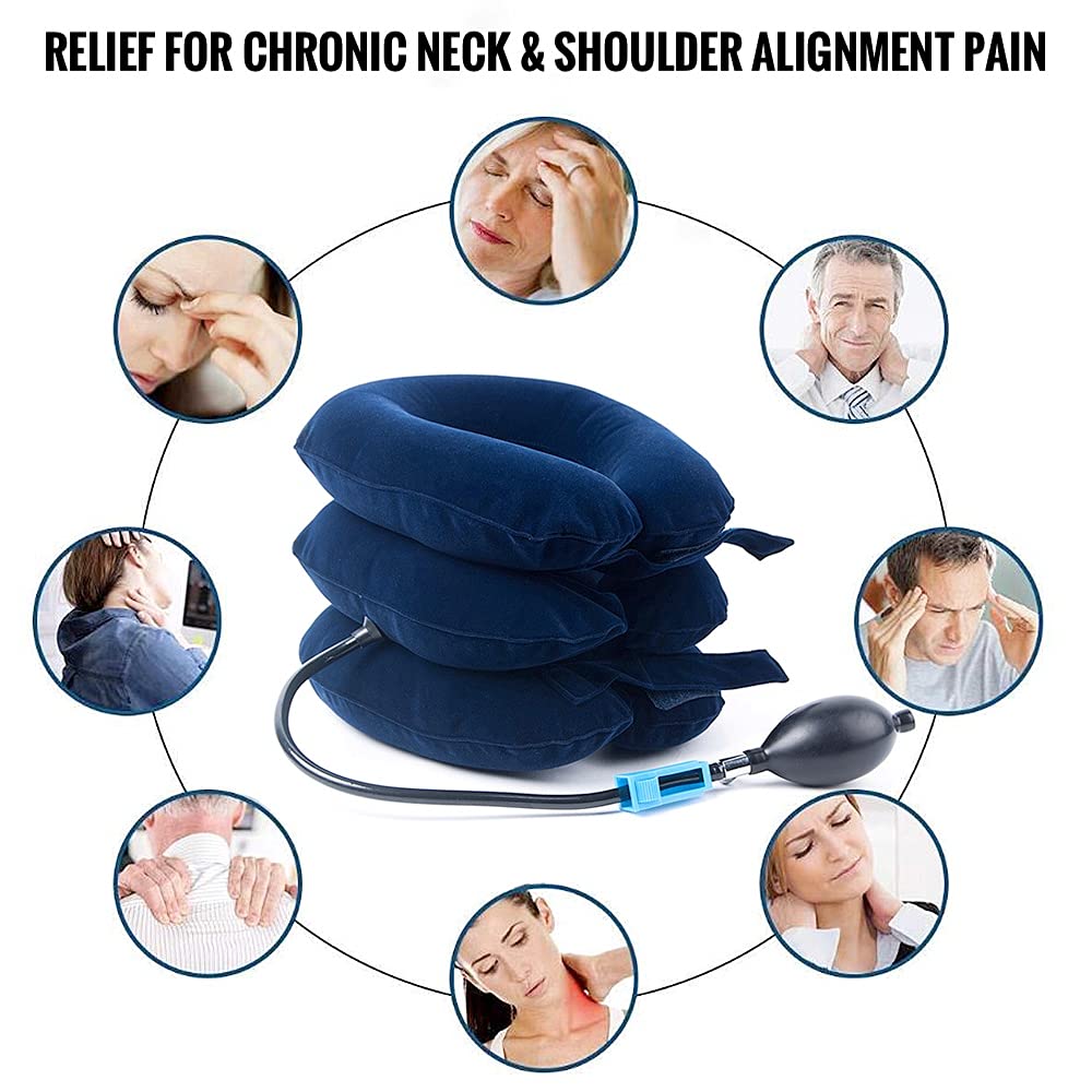 OYSTERBOY Inflatable Adjustable Portable Cervical Neck Traction Stretcher Collar Device for Spine Alignment, Chronic Neck Pain Relief, Herniation of Cervical Disc at Home Office Travel (Blue)
