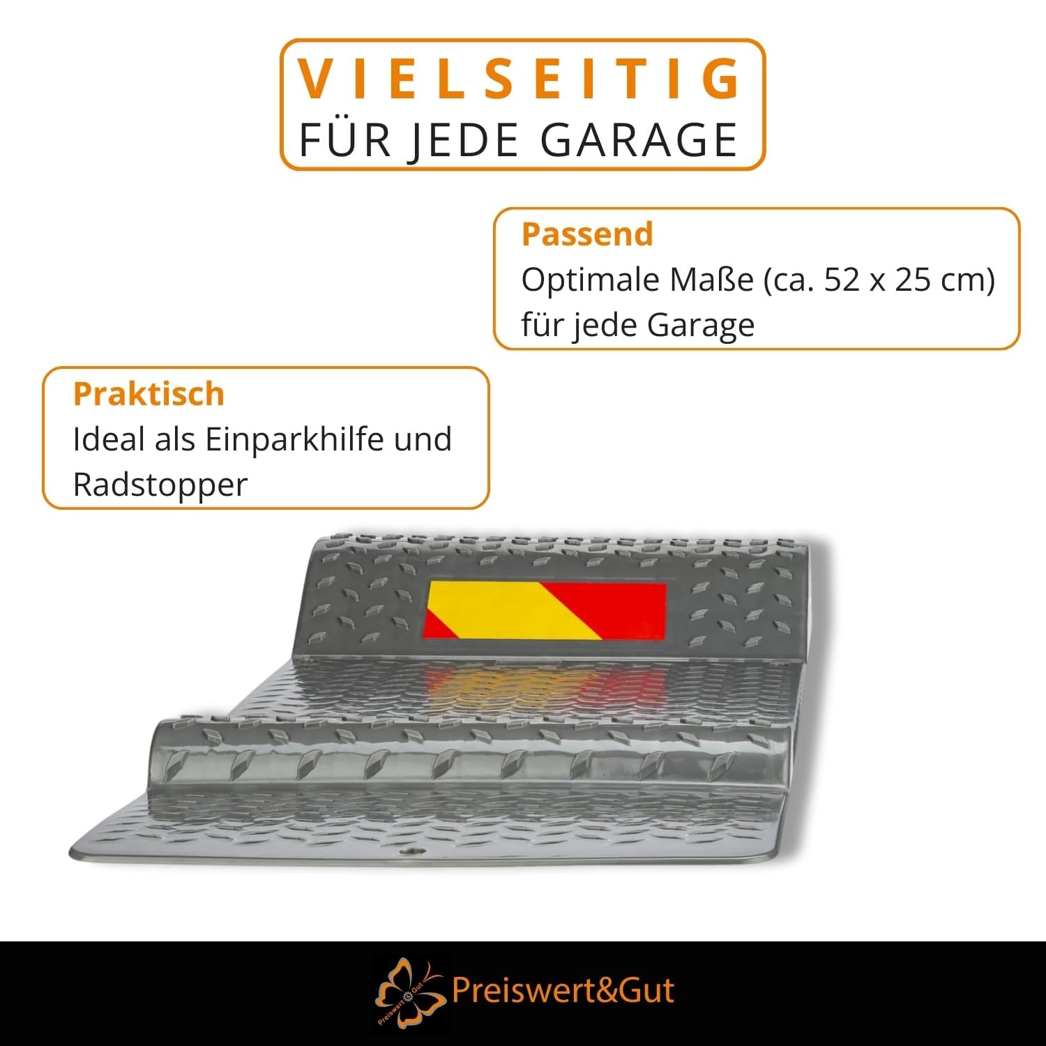 Preiswert&Gut 2X Einparkhilfe Garage Radstopper für sicheres Einparken 52 x 25 cm, Kunststoff Bremsschwelle mit Klebestreifen und zusätzlich Bohren, seitliche Einfahrhilfe, 2,5 bis 5,5 cm Höhe
