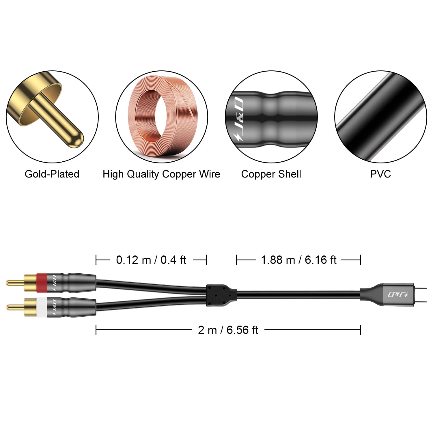 J&D USB-C do 2 RCA Kabla, USB Type-C do 2 RCA Męskiego Audio Stereo Y Rozdzielacza Kabla Przewodu Dostosowany Dla iPhone 16/17 Serii, Google Pixel 10/9/8, MacBook Pro, Tablety, Laptopy, 2 m